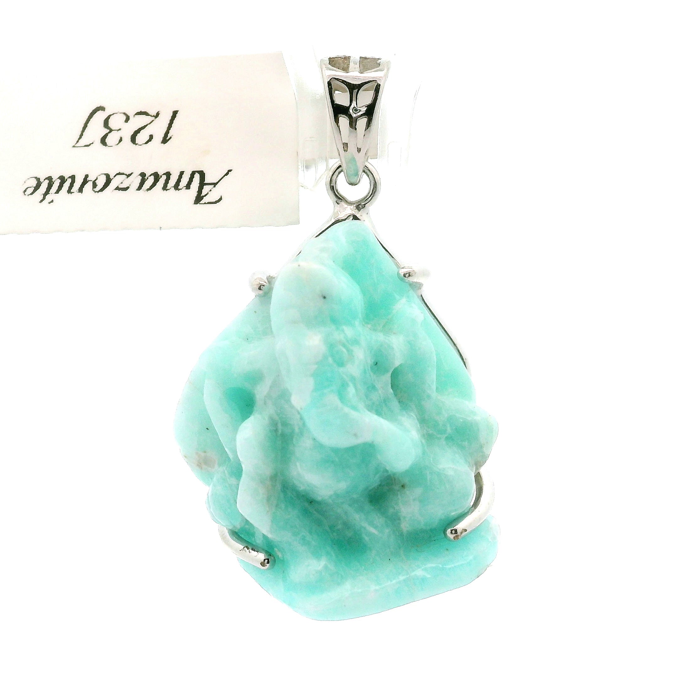 Amazonite Carved Ganesha Pendant .925 Silver for Communication, Harmony and Hope