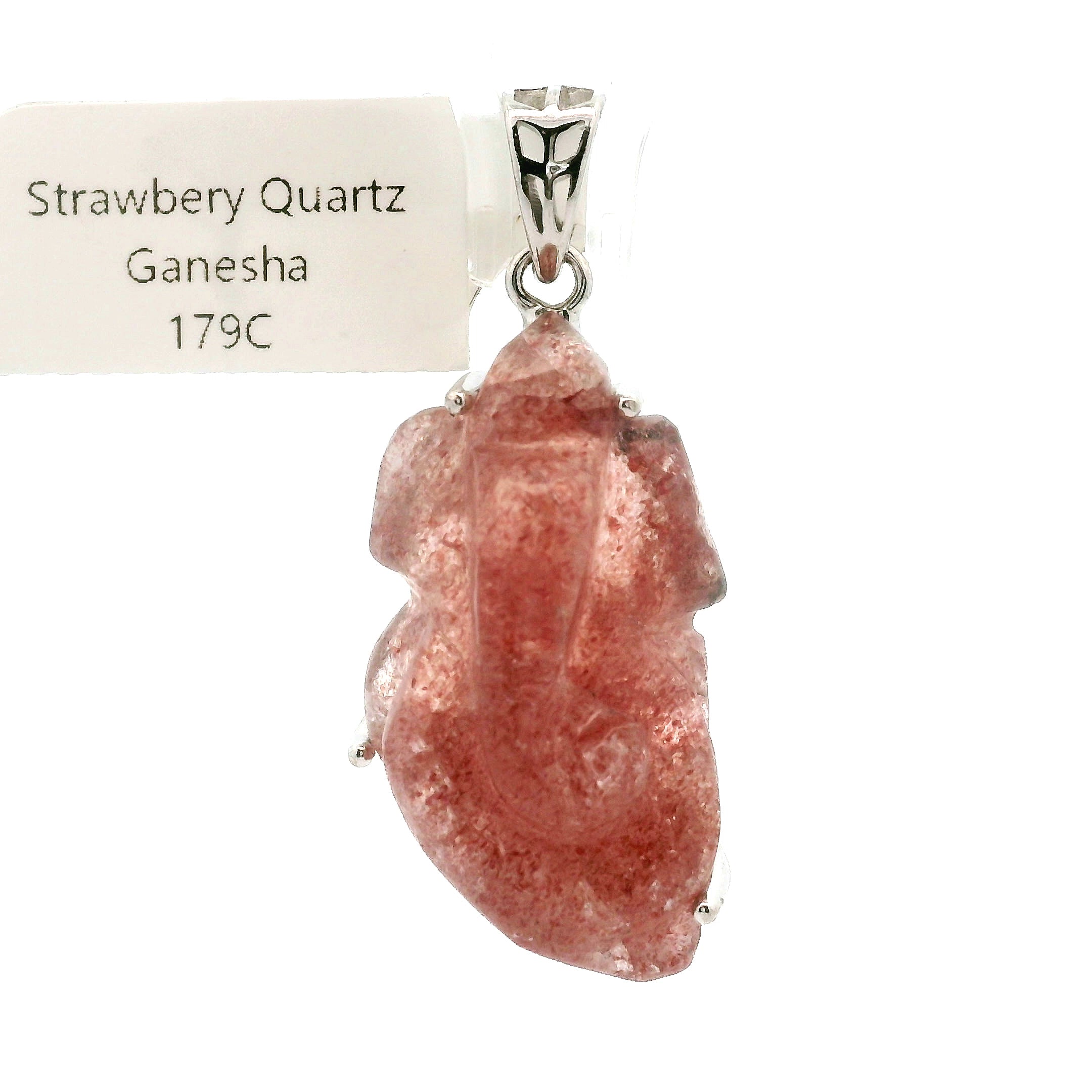 Strawberry Quartz Carved Ganesha Pendant .925 Silver for Master Healing, Grounding & Transformation