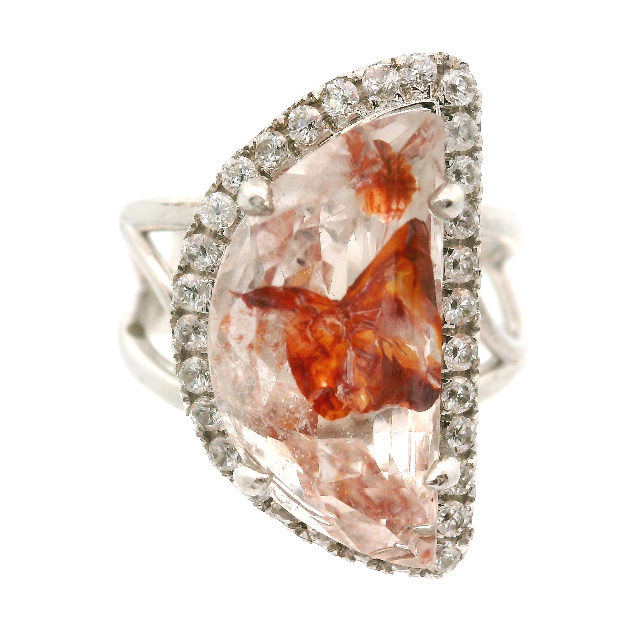 Koi Quartz with Clear Zircon Pavé Cuff Ring .925 Sterling Silver for Spiritual Transformation