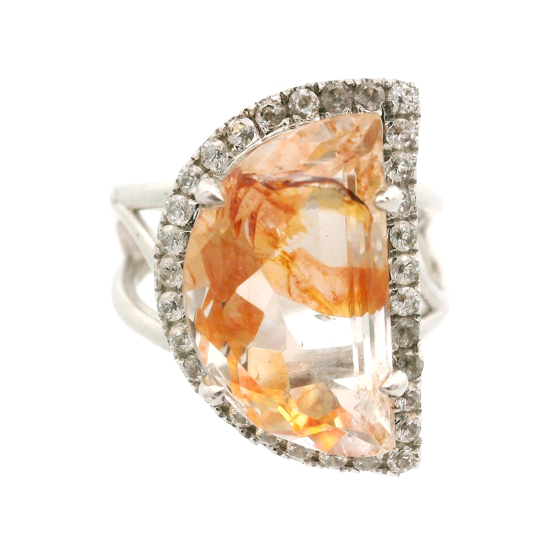 Koi Quartz with Clear Zircon Pavé Cuff Ring .925 Sterling Silver for Spiritual Transformation