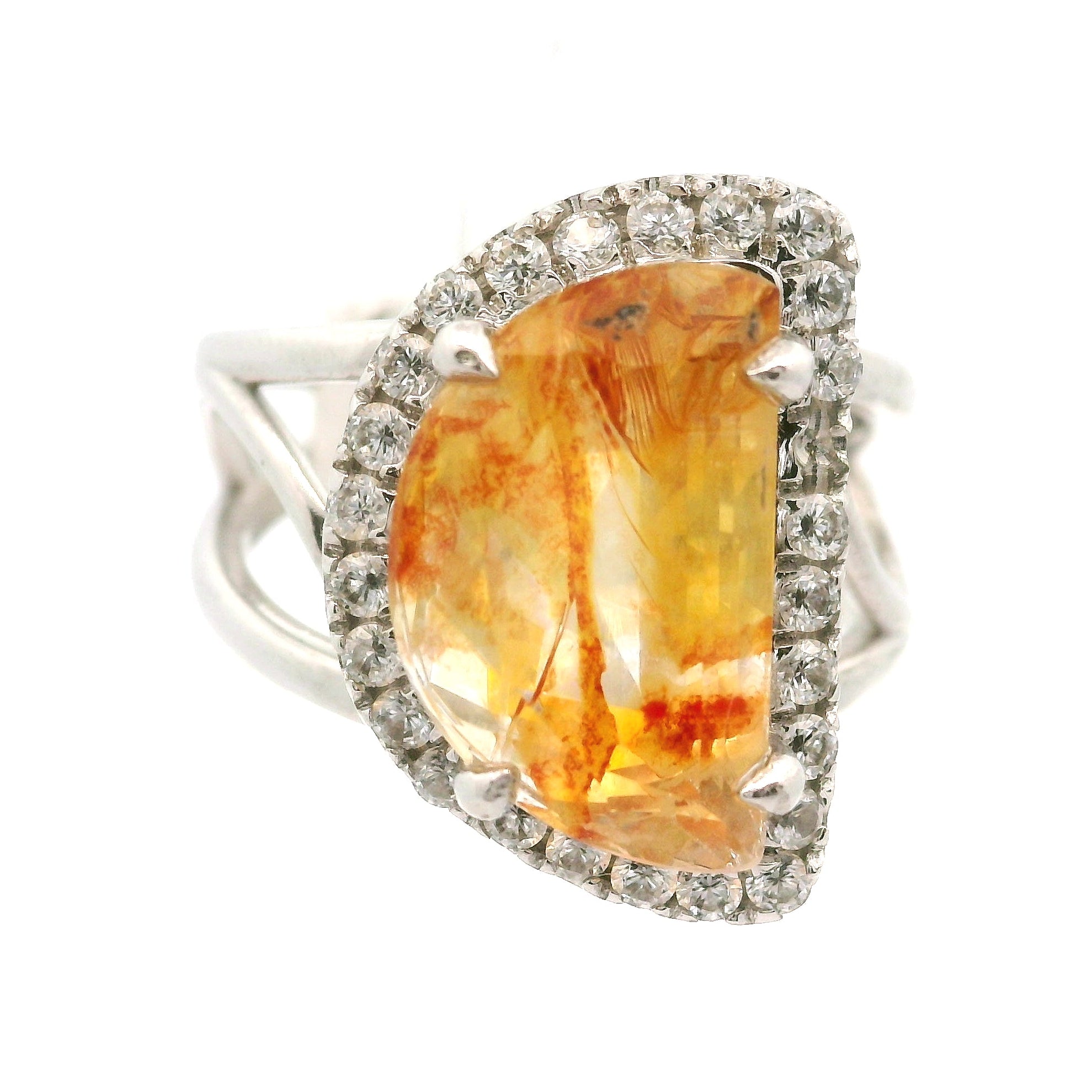 Koi Quartz with Clear Zircon Pavé Cuff Ring .925 Sterling Silver for Spiritual Transformation