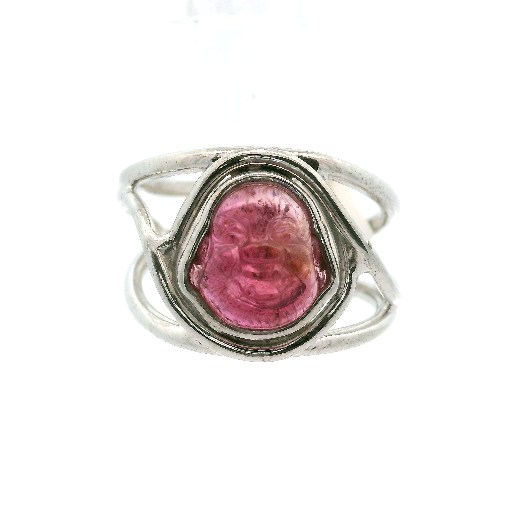 Pink Tourmaline Buddha Cuff Ring .925 Silver for Attracting Love, Harmony and Joy