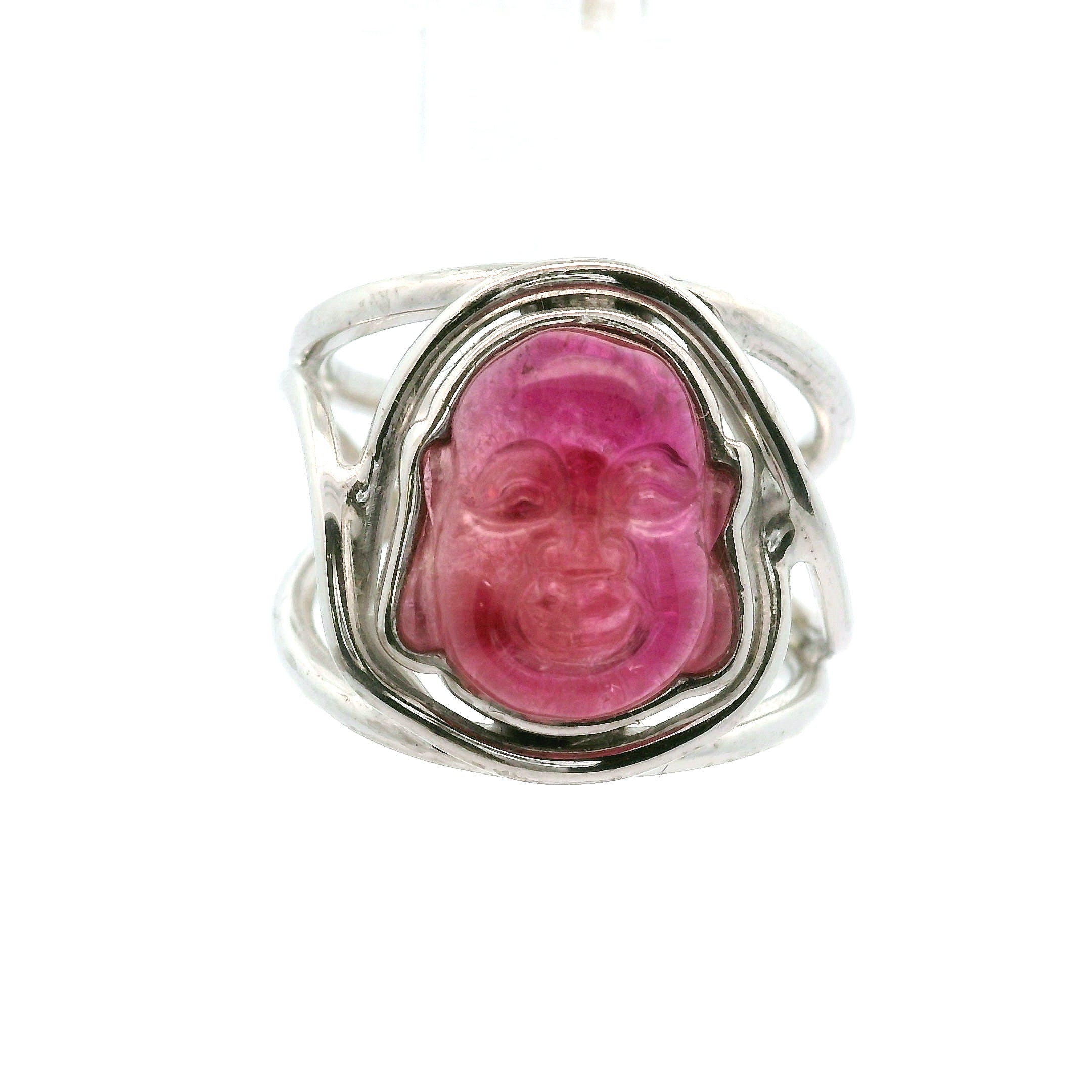 Pink Tourmaline Buddha Cuff Ring .925 Silver for Attracting Love, Harmony and Joy