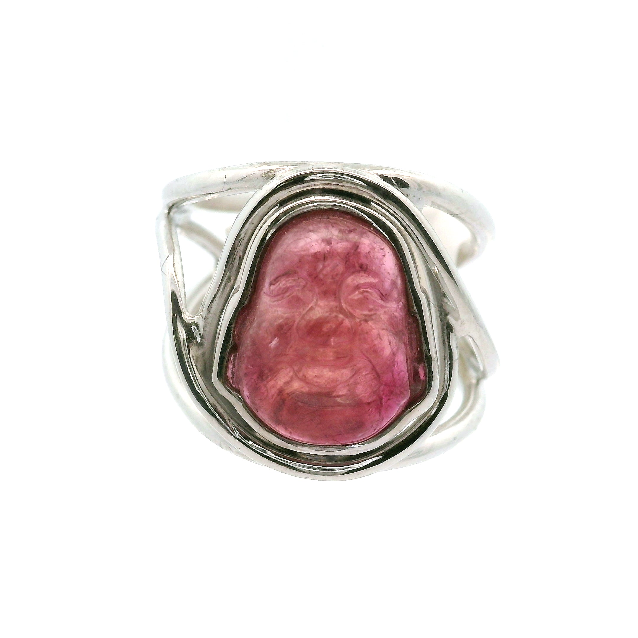 Pink Tourmaline Buddha Cuff Ring .925 Silver for Attracting Love, Harmony and Joy