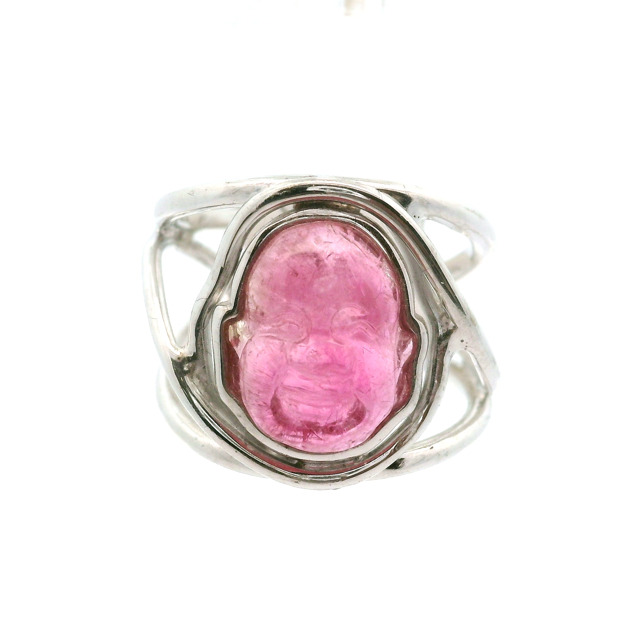 Pink Tourmaline Buddha Cuff Ring .925 Silver for Attracting Love, Harmony and Joy