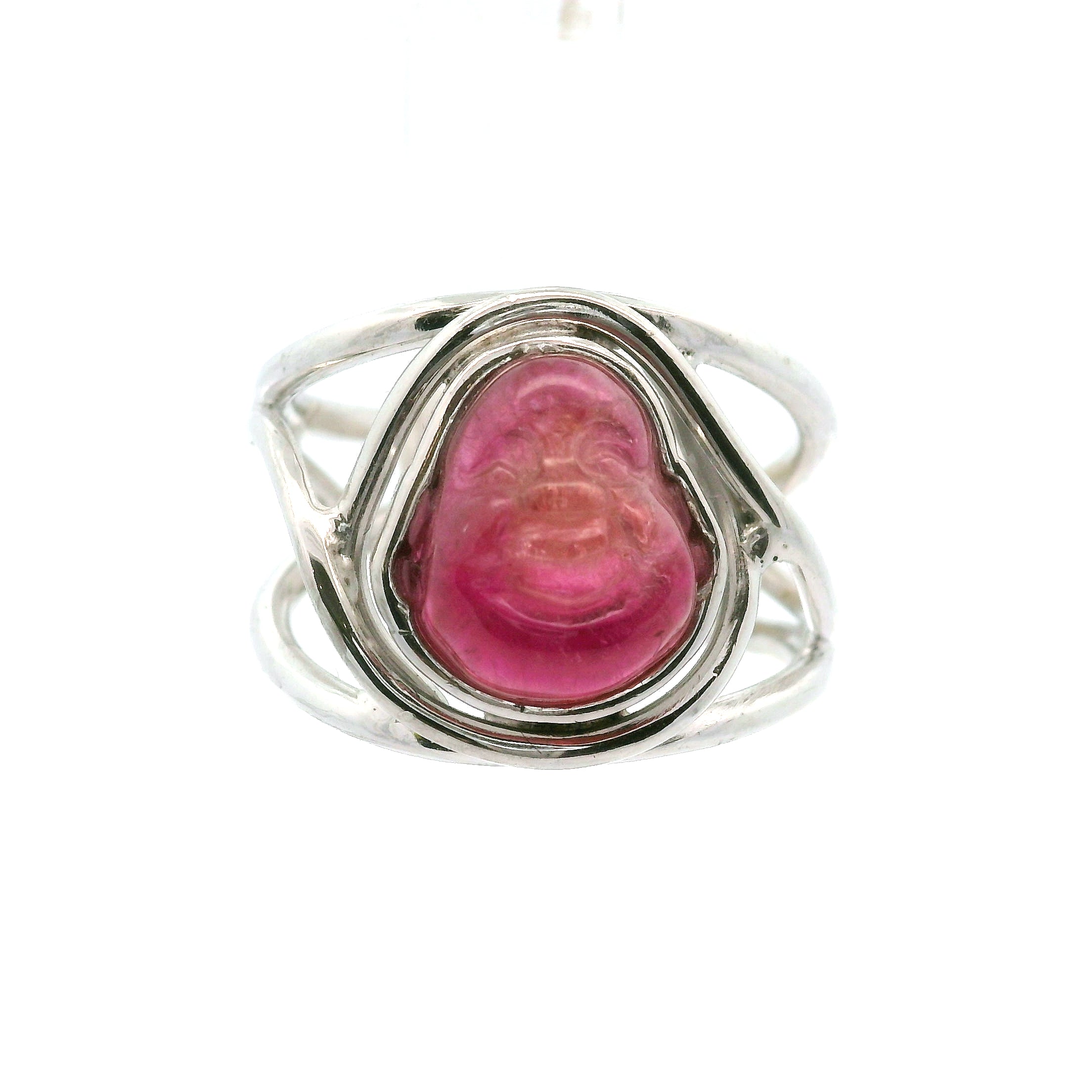 Pink Tourmaline Buddha Cuff Ring .925 Silver for Attracting Love, Harmony and Joy