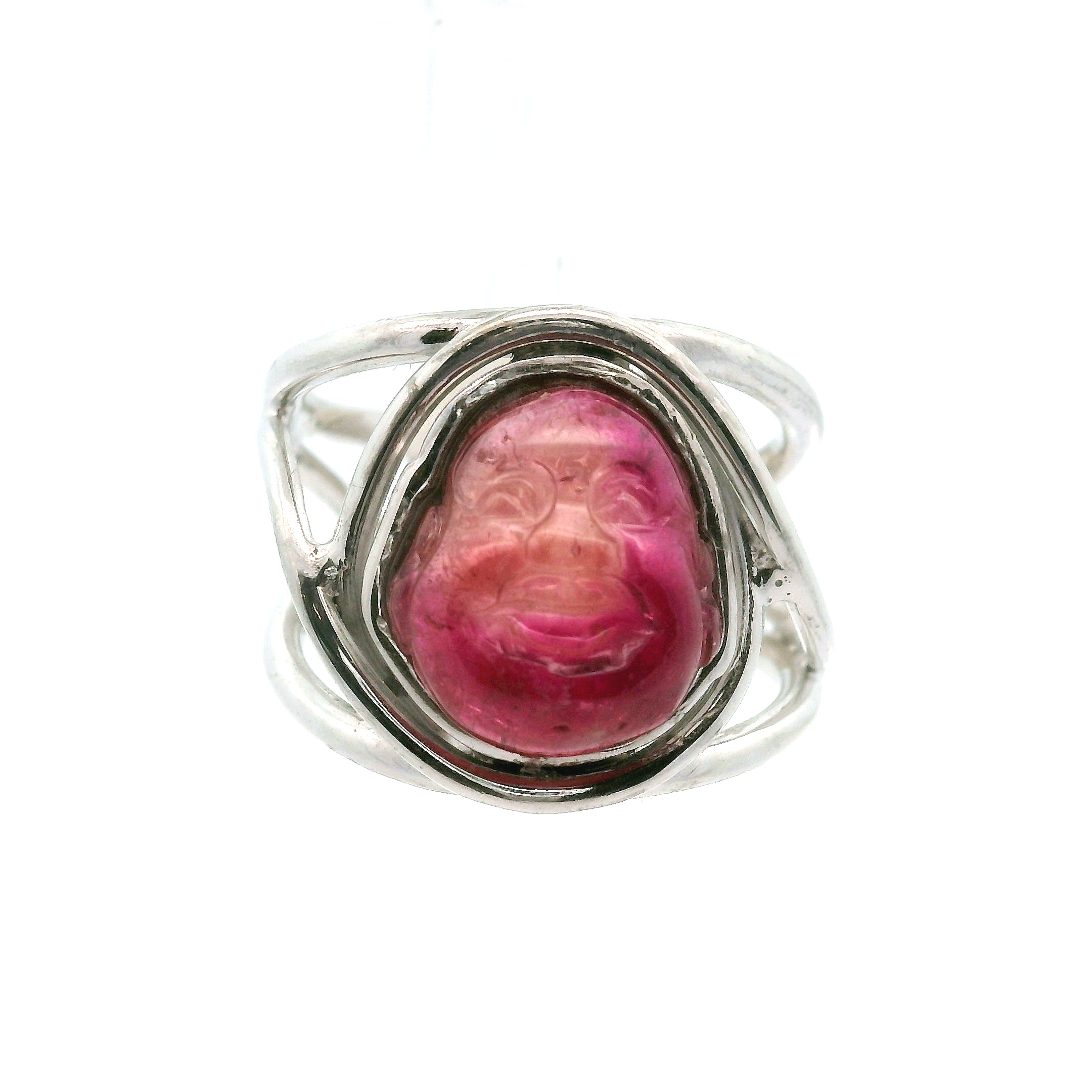 Pink Tourmaline Buddha Cuff Ring .925 Silver for Attracting Love, Harmony and Joy
