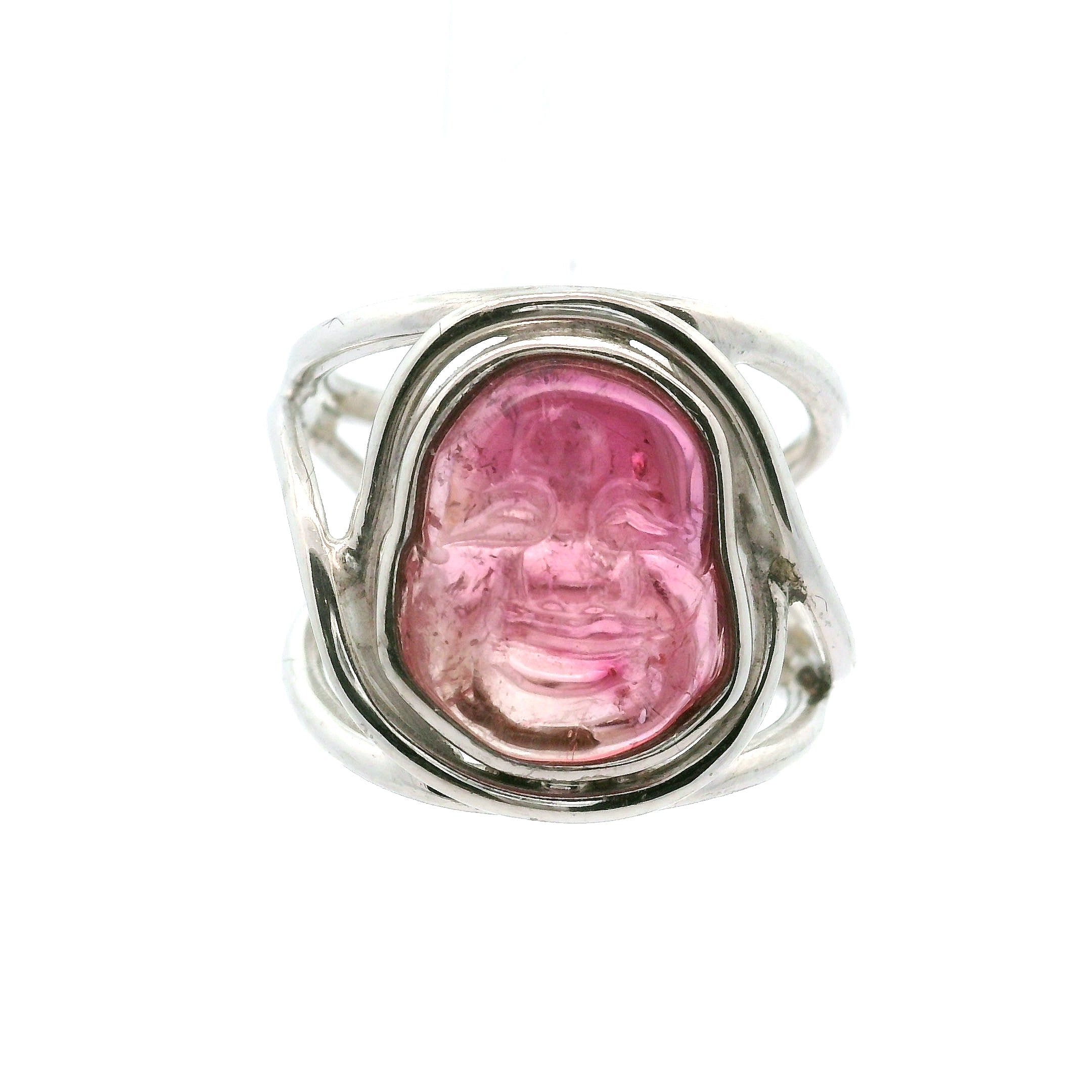 Pink Tourmaline Buddha Cuff Ring .925 Silver for Attracting Love, Harmony and Joy
