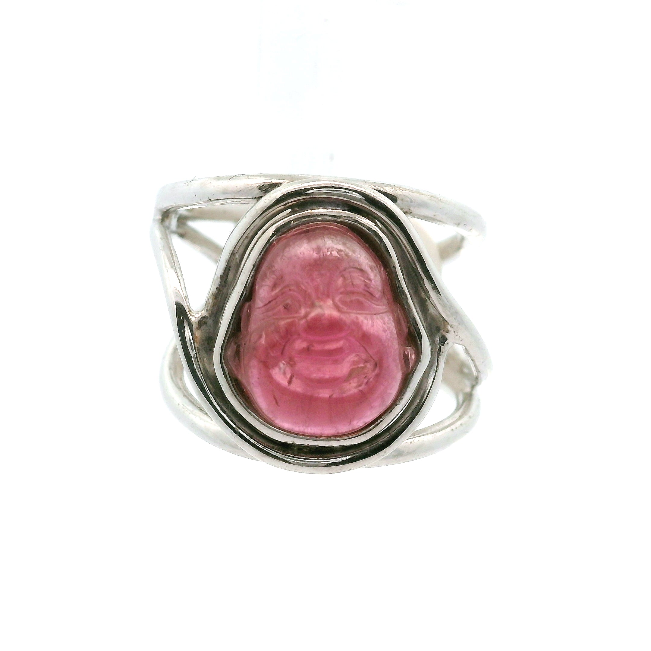 Pink Tourmaline Buddha Cuff Ring .925 Silver for Attracting Love, Harmony and Joy