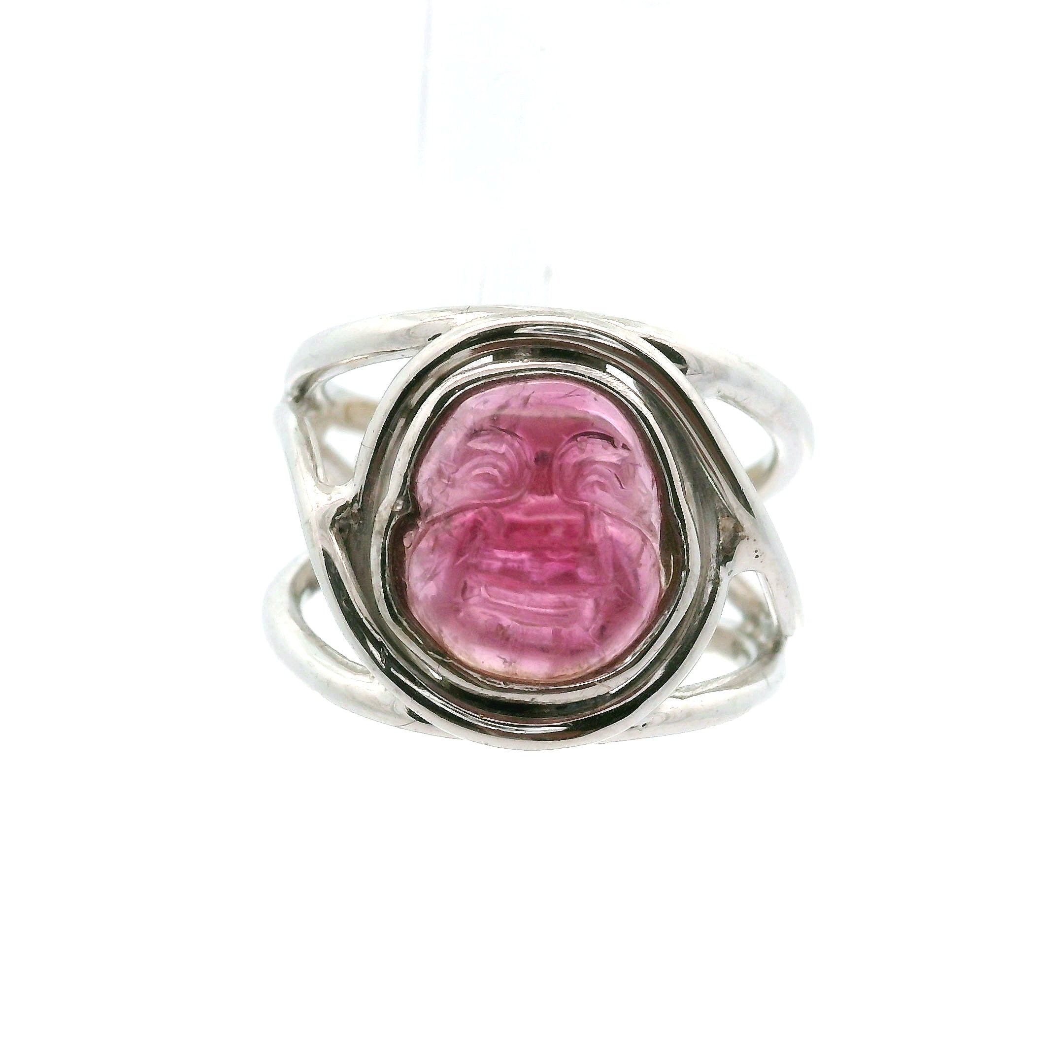 Pink Tourmaline Buddha Cuff Ring .925 Silver for Attracting Love, Harmony and Joy