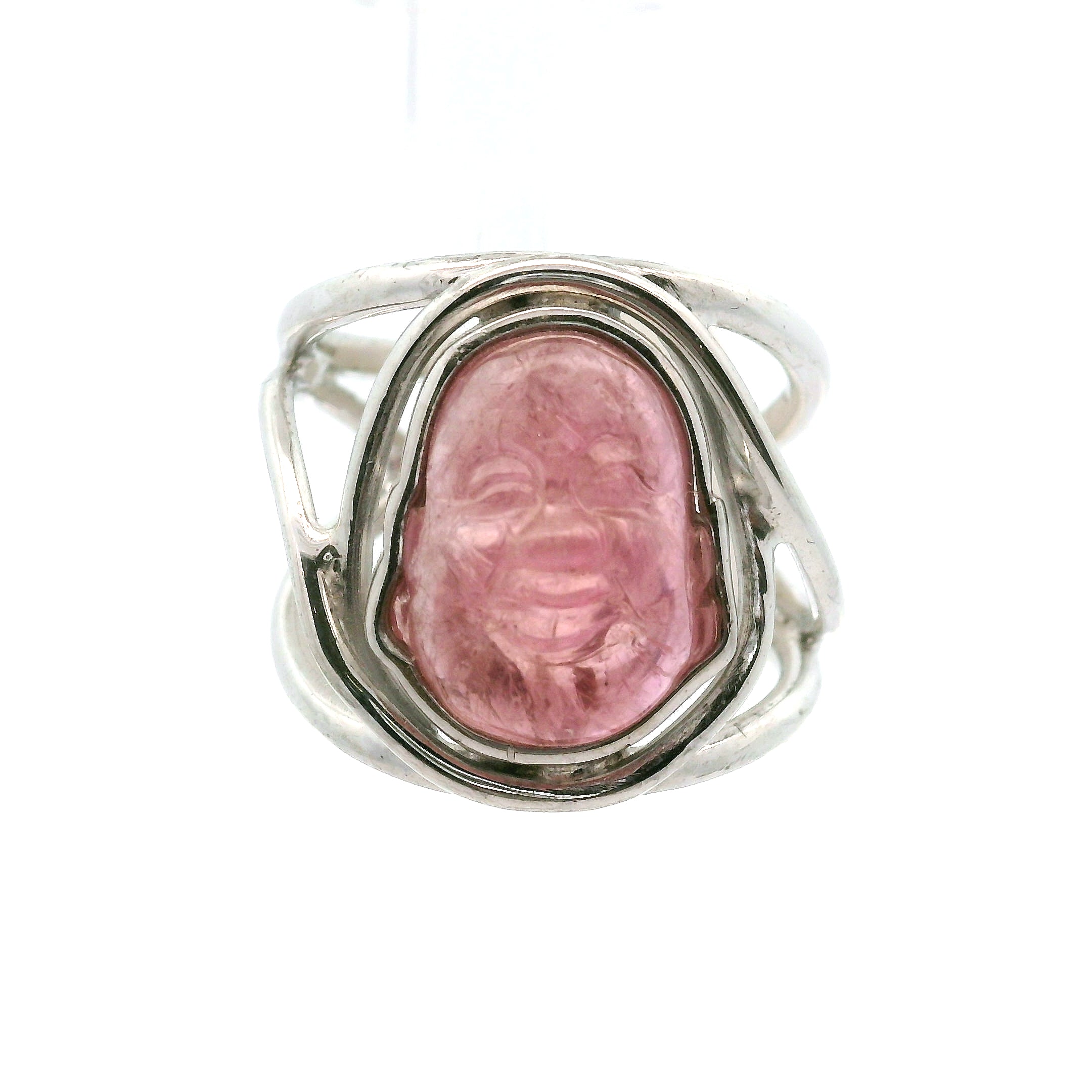 Pink Tourmaline Buddha Cuff Ring .925 Silver for Attracting Love, Harmony and Joy