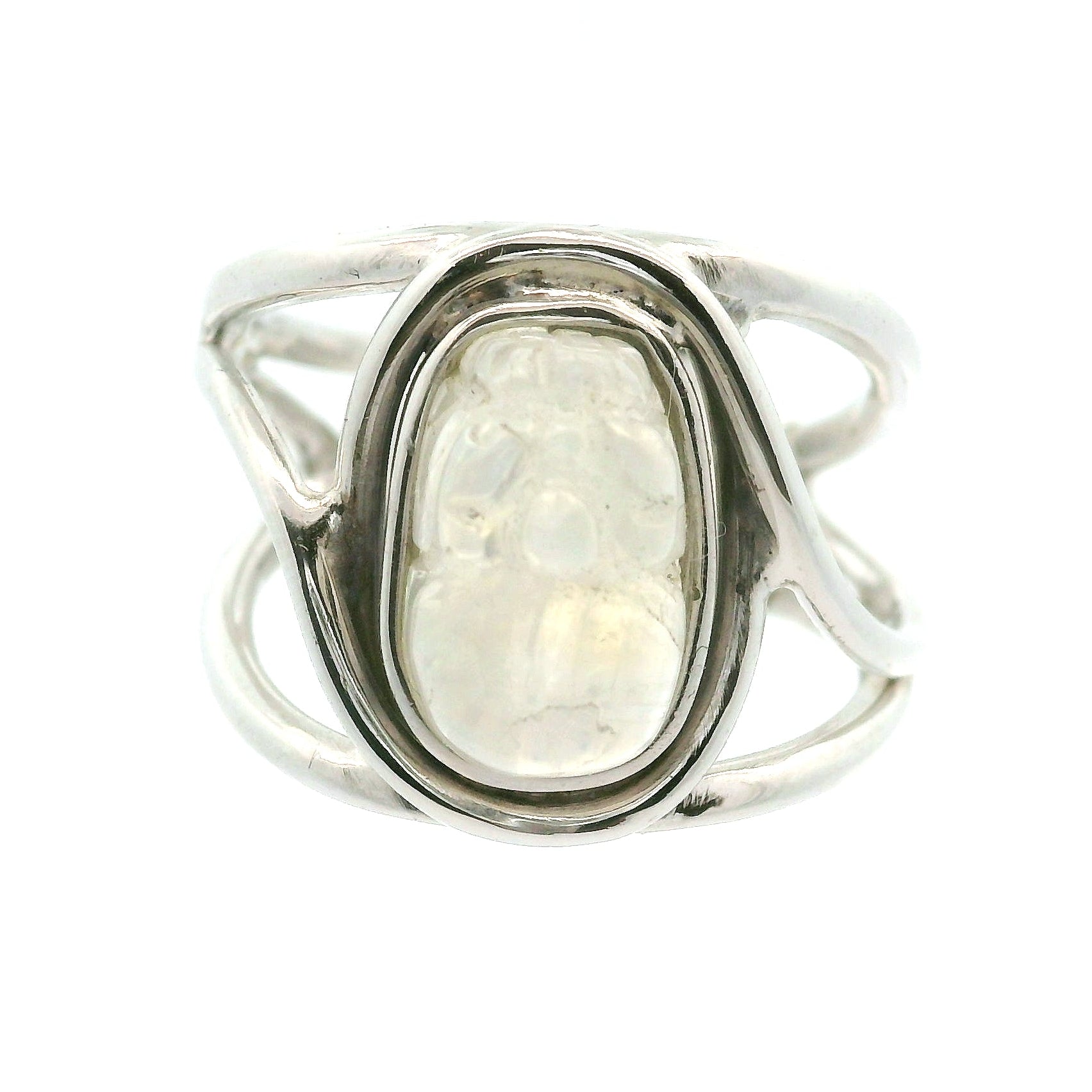 Rainbow Moonstone Pixchu Cuff Ring .925 Silver for New Beginnings, Protection and Manifestation