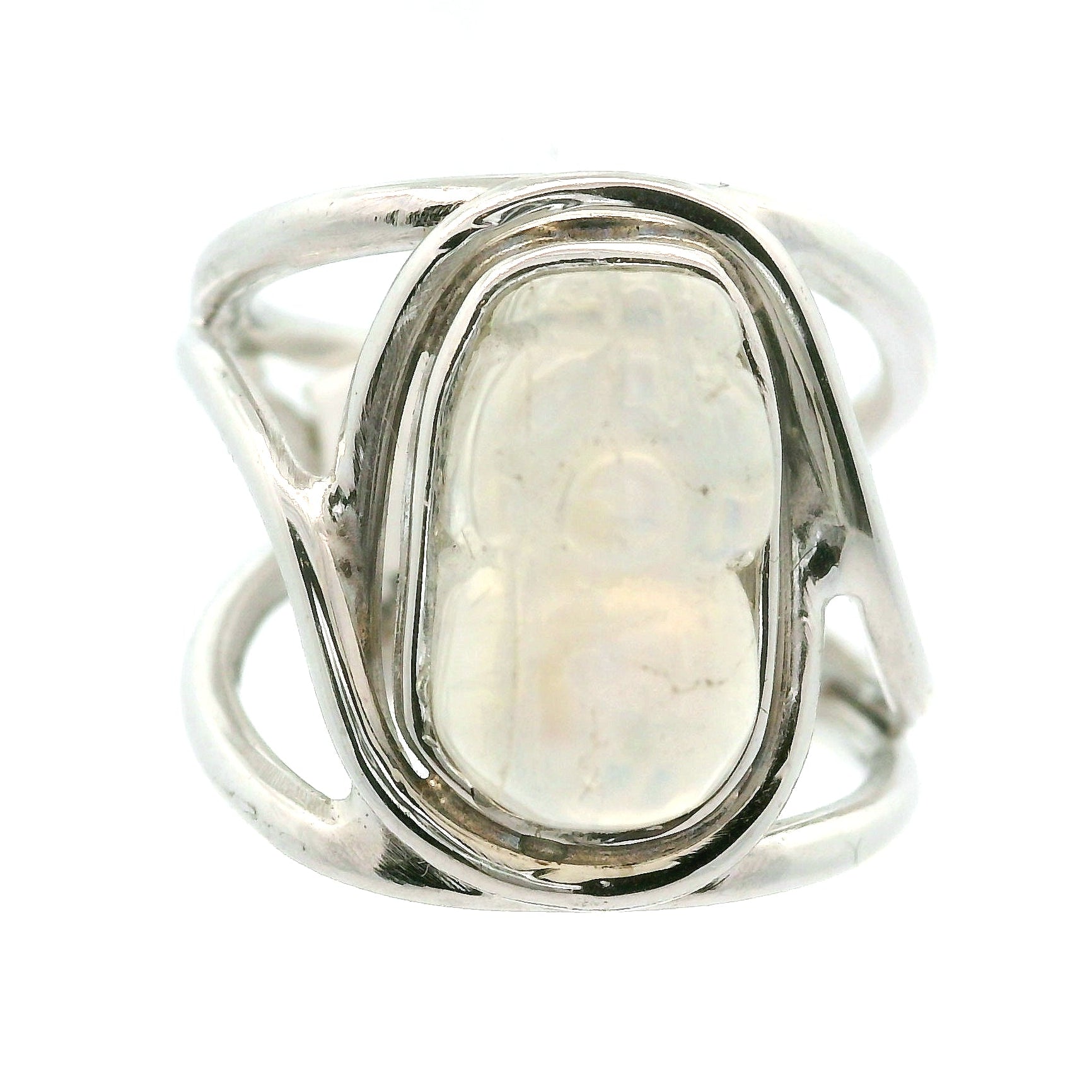 Rainbow Moonstone Pixchu Cuff Ring .925 Silver for New Beginnings, Protection and Manifestation