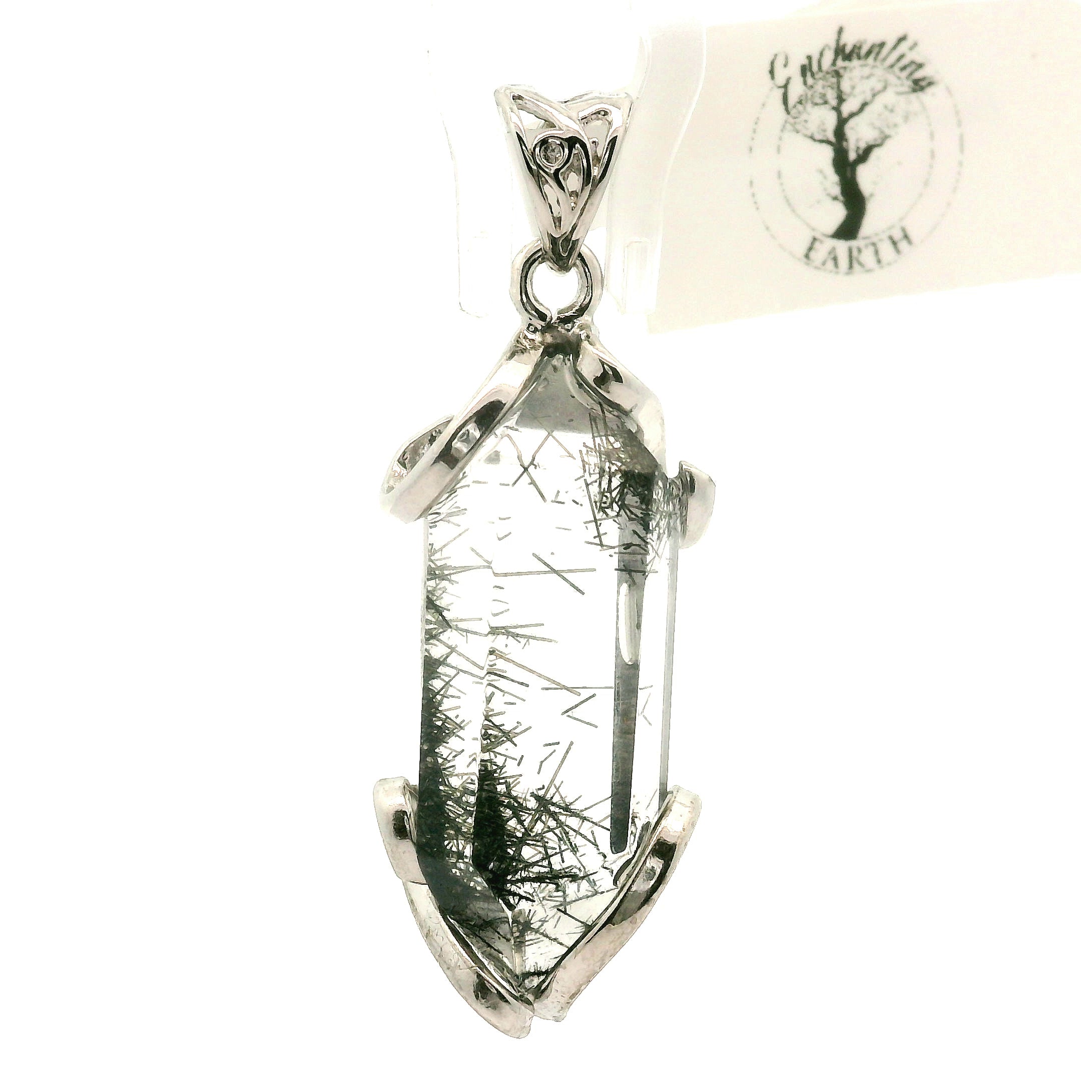 Black Tourmaline in Quartz Freeform Pendant .925 Sterling Silver for Powerful Protection and Aura Cleansing