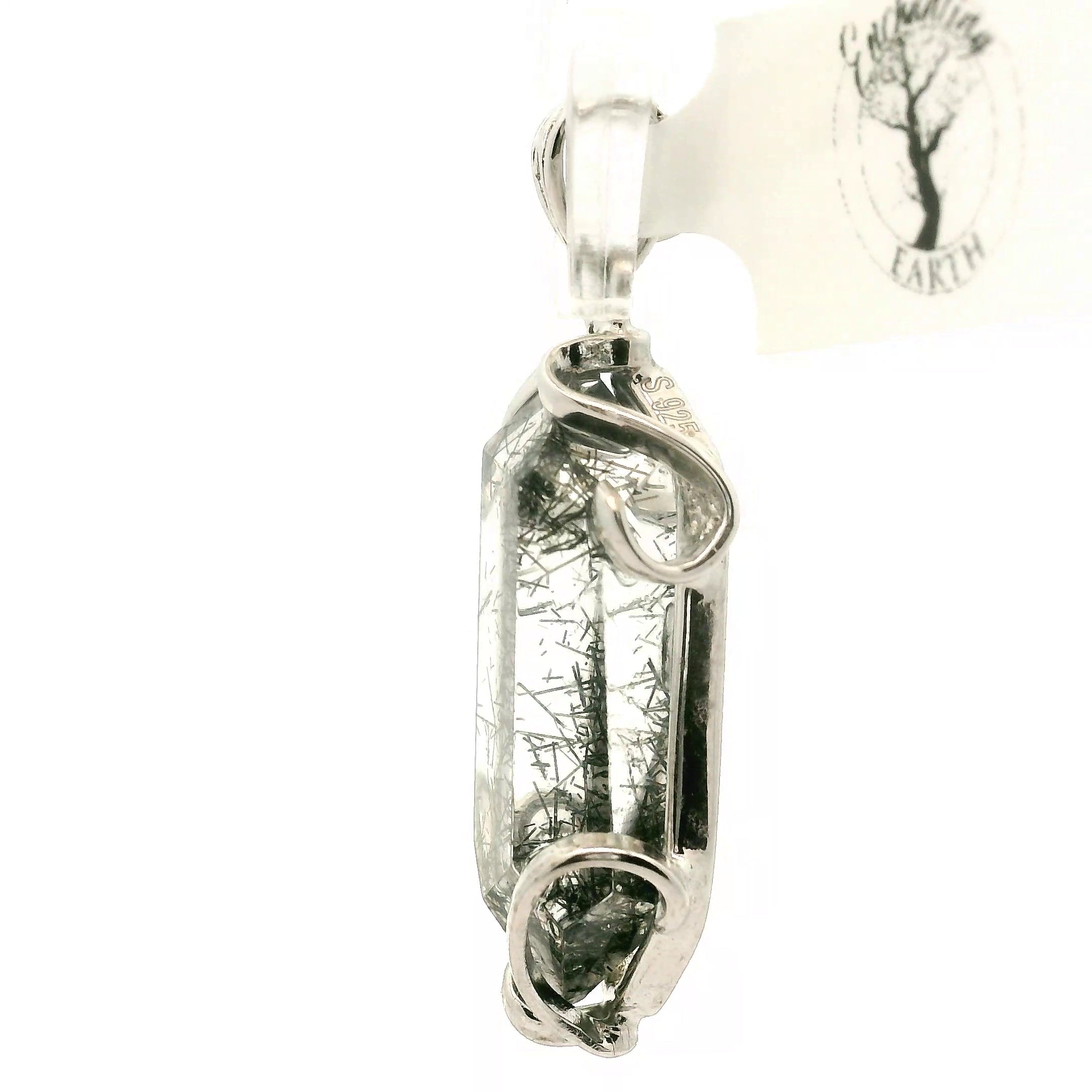 Black Tourmaline in Quartz Freeform Pendant .925 Sterling Silver for Powerful Protection and Aura Cleansing