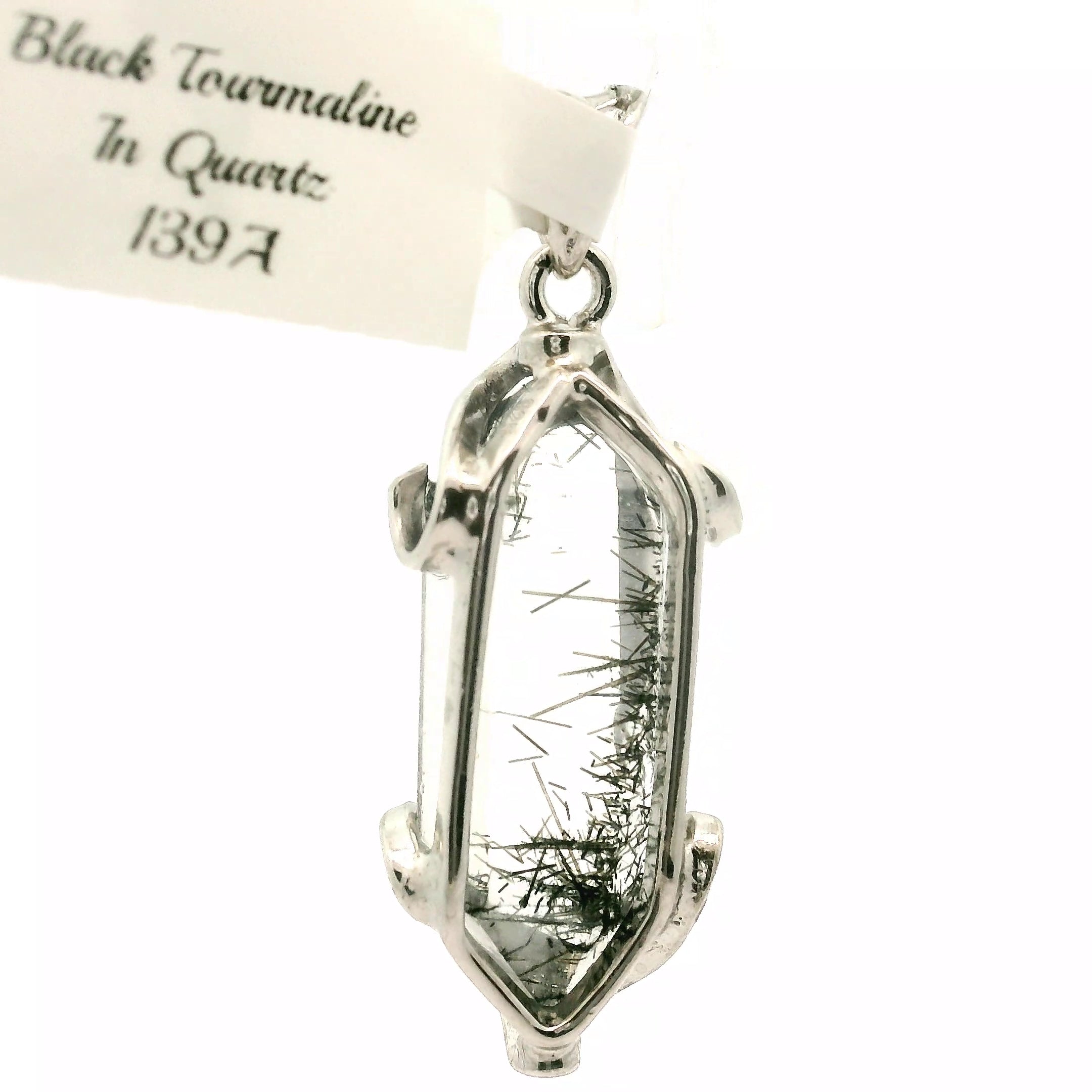Black Tourmaline in Quartz Freeform Pendant .925 Sterling Silver for Powerful Protection and Aura Cleansing