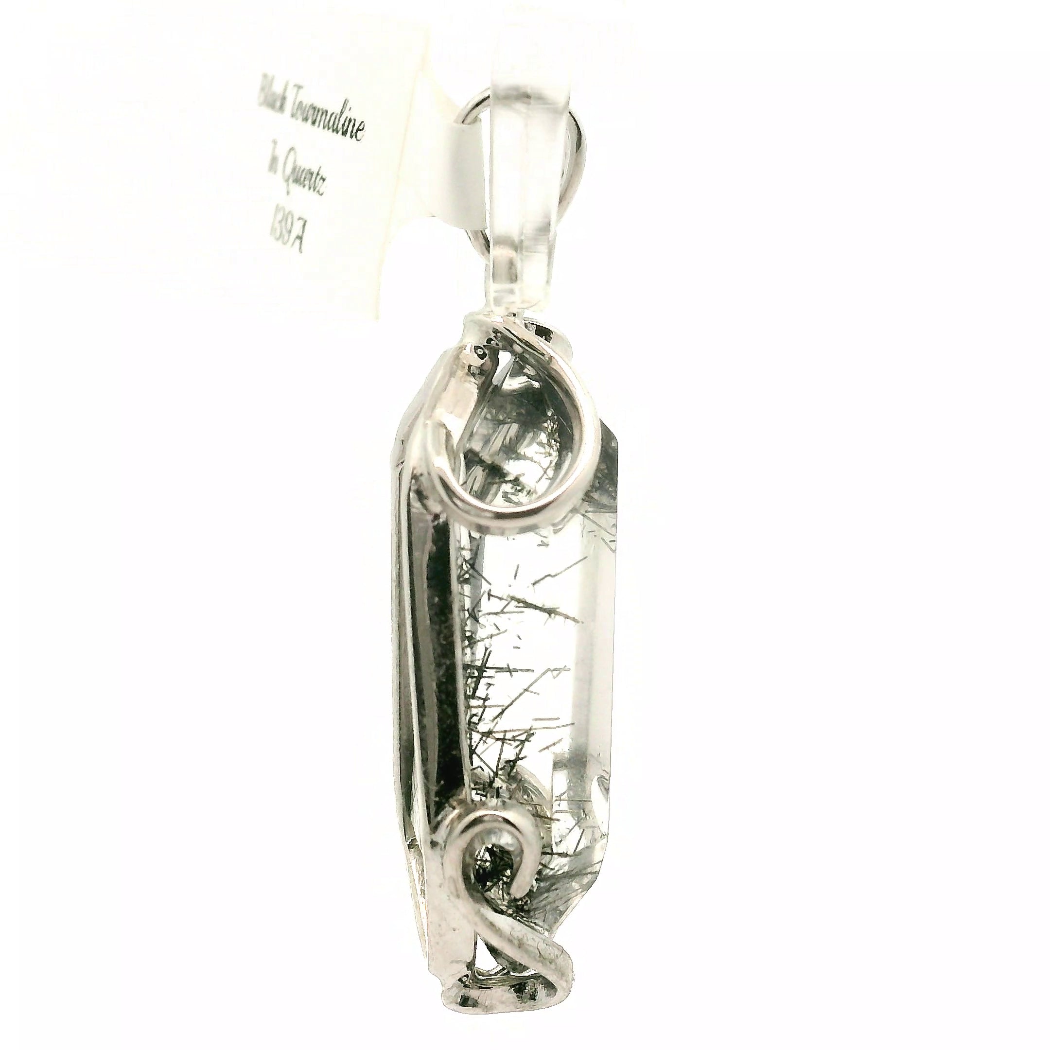 Black Tourmaline in Quartz Freeform Pendant .925 Sterling Silver for Powerful Protection and Aura Cleansing
