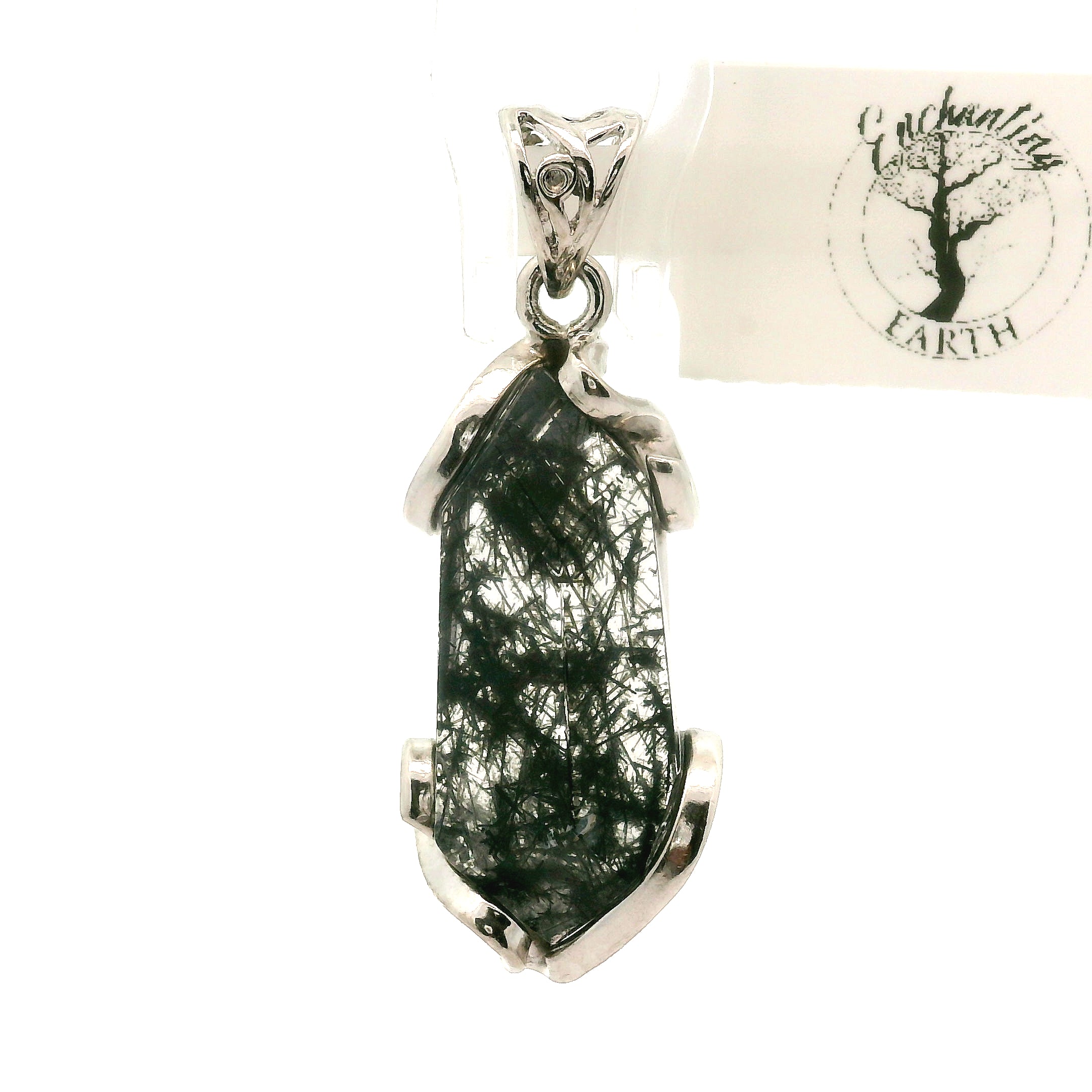 Black Tourmaline in Quartz Freeform Pendant .925 Sterling Silver for Powerful Protection and Aura Cleansing