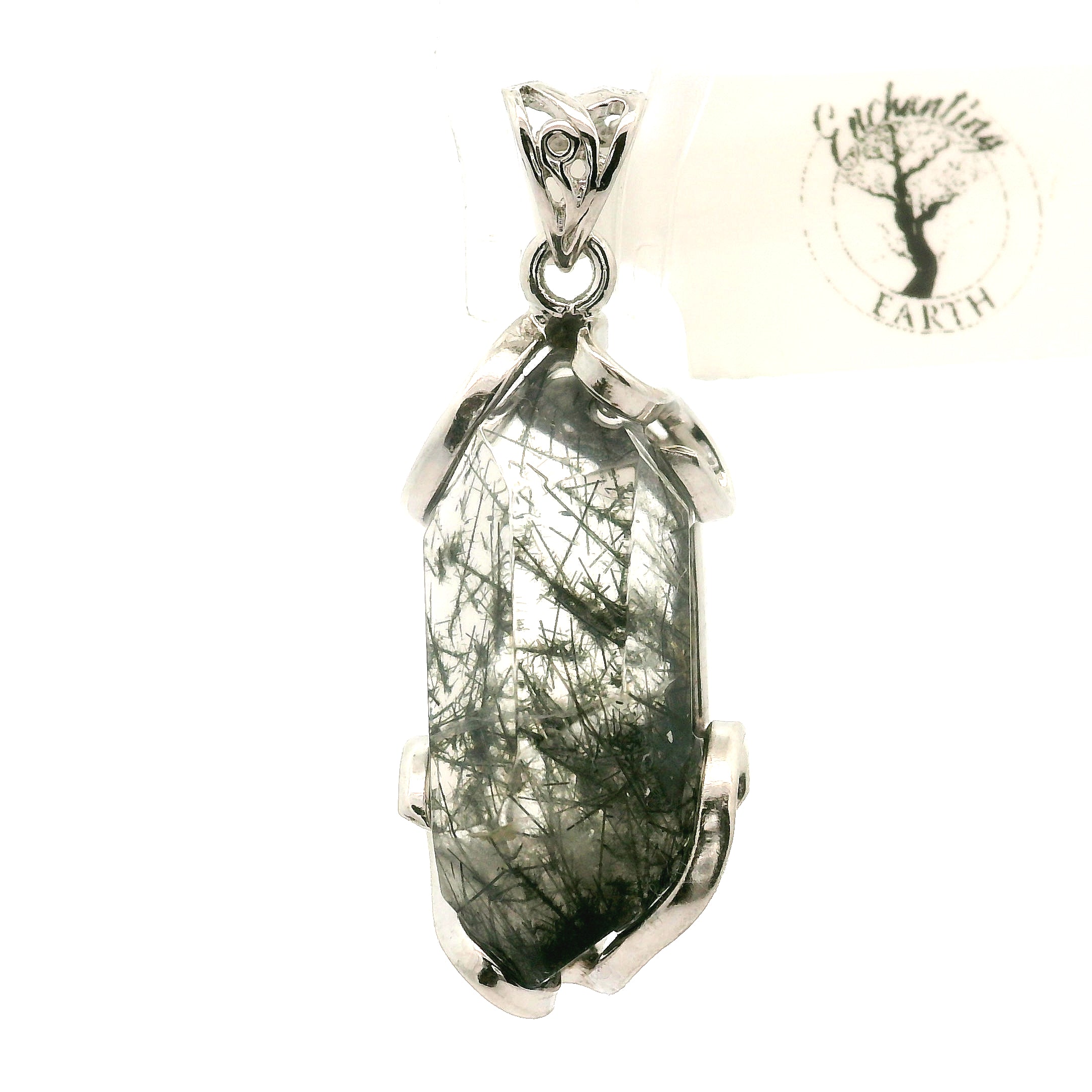 Black Tourmaline in Quartz Freeform Pendant .925 Sterling Silver for Powerful Protection and Aura Cleansing