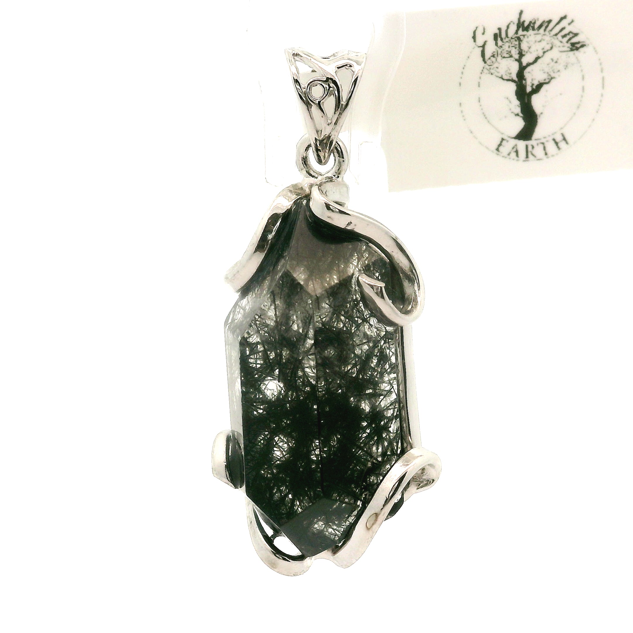 Black Tourmaline in Quartz Freeform Pendant .925 Sterling Silver for Powerful Protection and Aura Cleansing