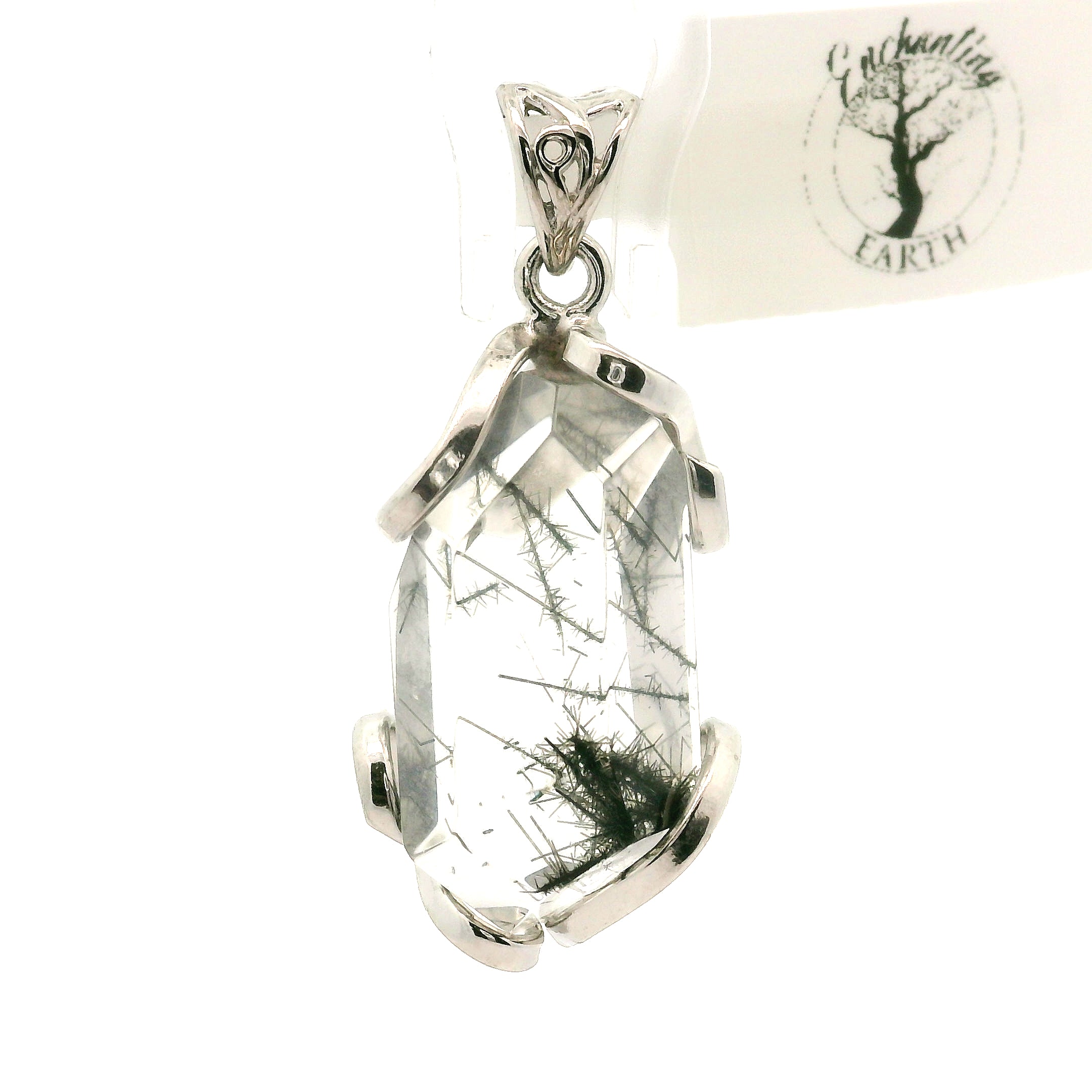 Black Tourmaline in Quartz Freeform Pendant .925 Sterling Silver for Powerful Protection and Aura Cleansing