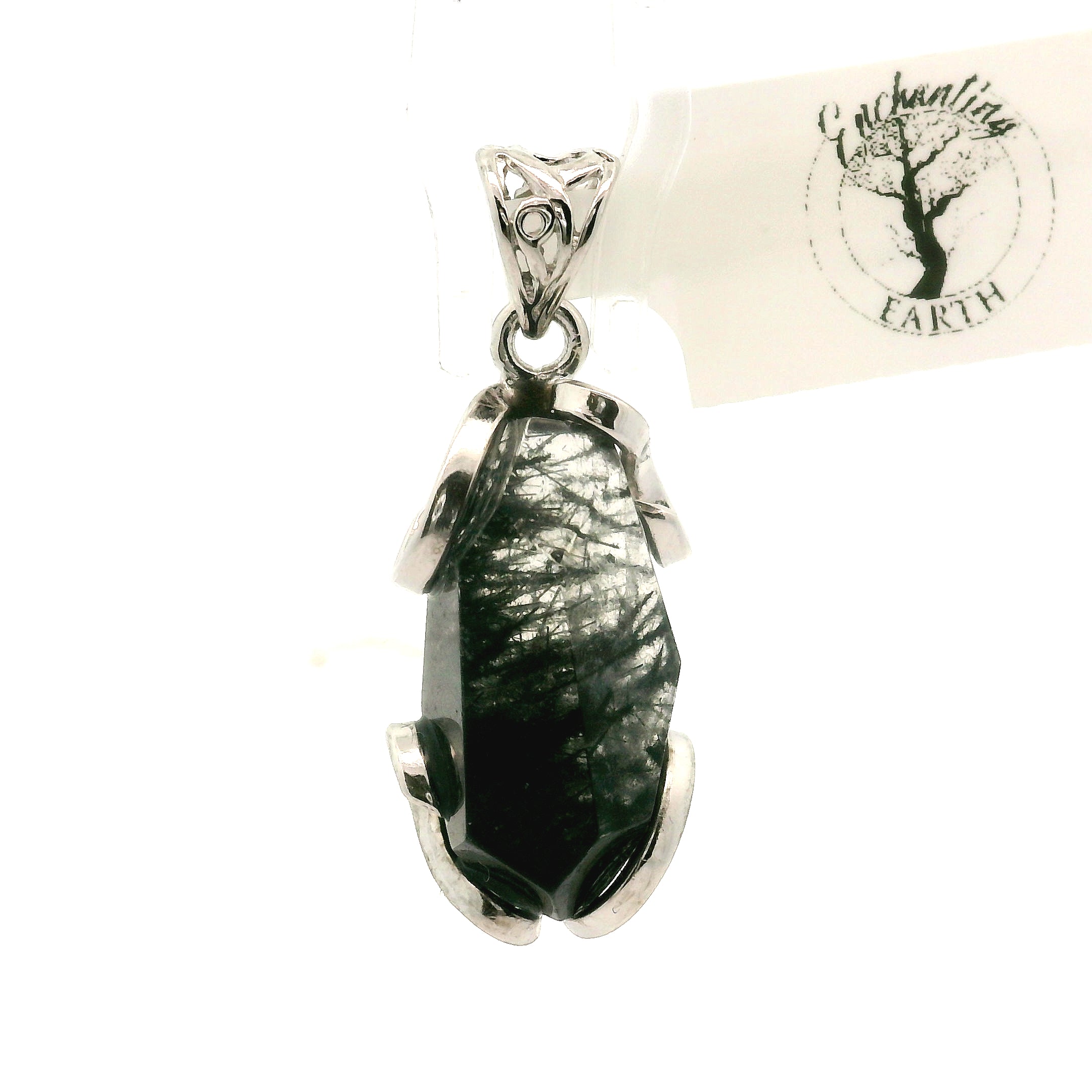 Black Tourmaline in Quartz Freeform Pendant .925 Sterling Silver for Powerful Protection and Aura Cleansing