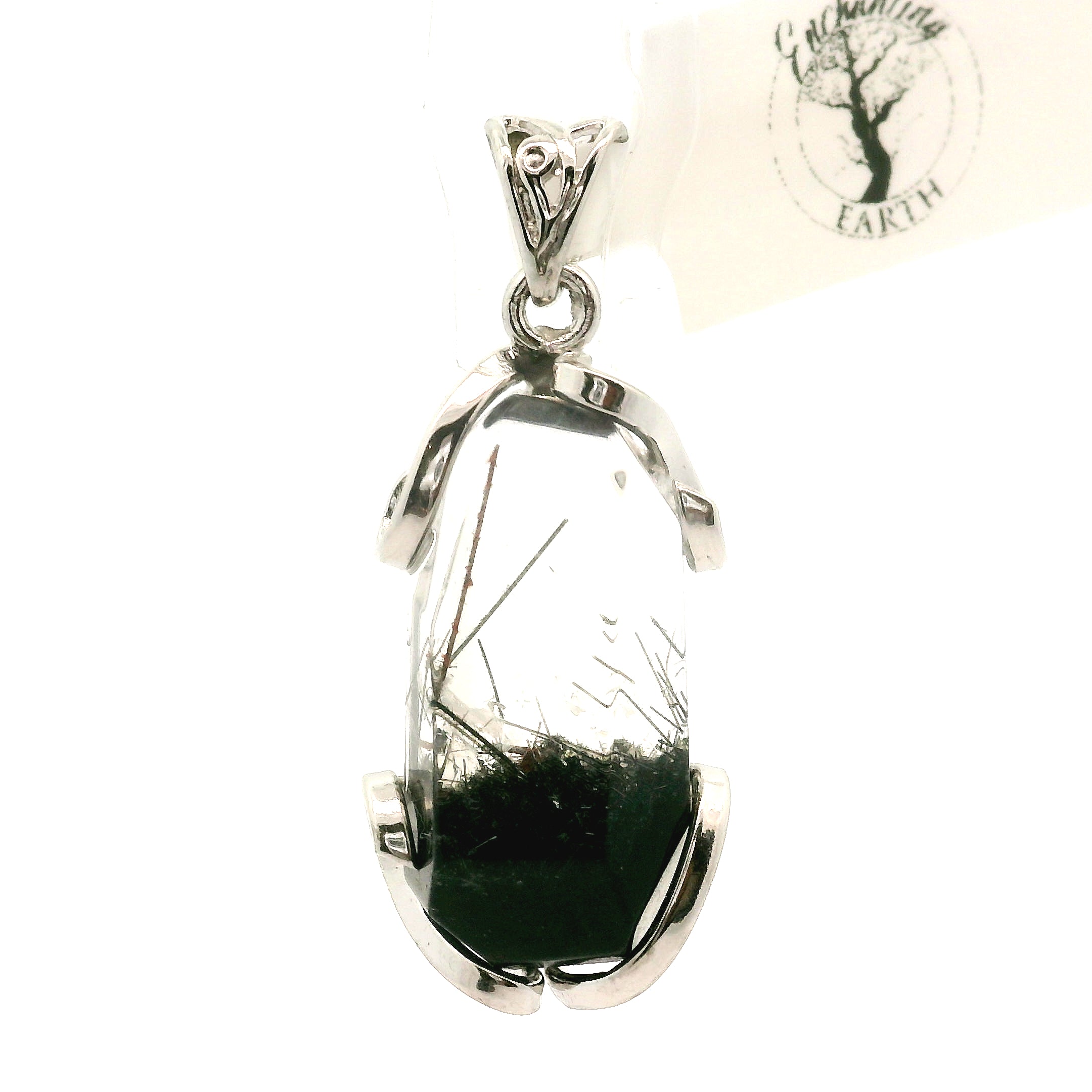Black Tourmaline in Quartz Freeform Pendant .925 Sterling Silver for Powerful Protection and Aura Cleansing