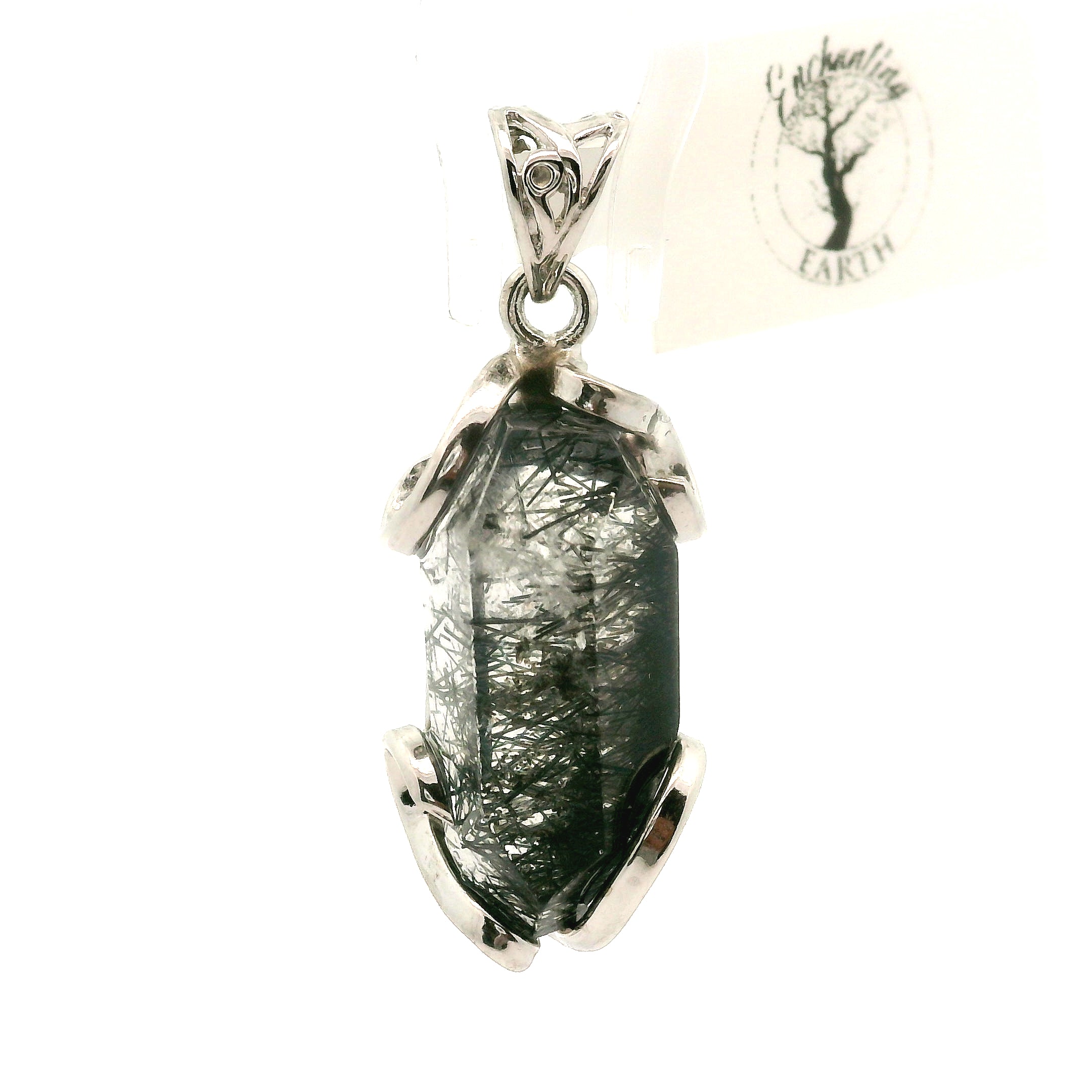 Black Tourmaline in Quartz Freeform Pendant .925 Sterling Silver for Powerful Protection and Aura Cleansing