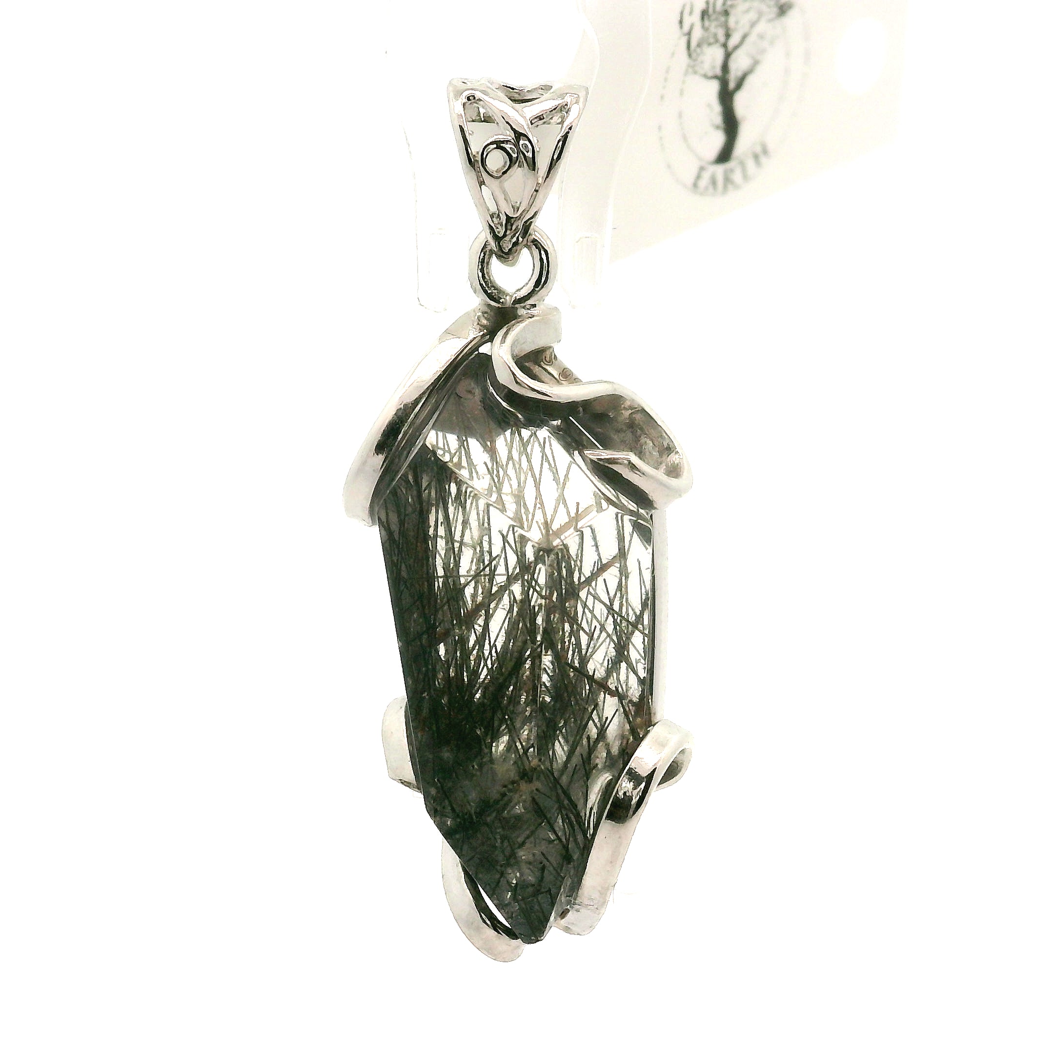 Black Tourmaline in Quartz Freeform Pendant .925 Sterling Silver for Powerful Protection and Aura Cleansing