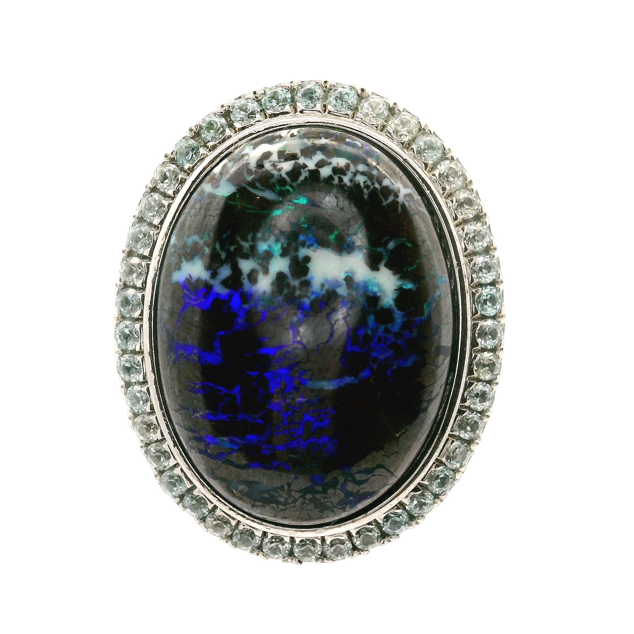 Boulder Opal with Blue Zircon Pavé Cuff Ring .925 Sterling Silver for Emotional Support, Joy and Self Worth