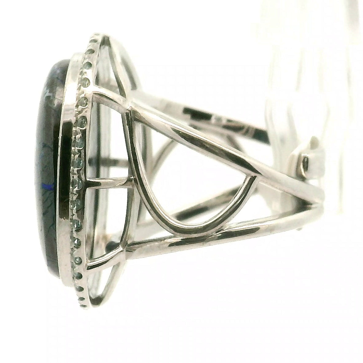 Boulder Opal with Blue Zircon Pavé Cuff Ring .925 Sterling Silver for Emotional Support, Joy and Self Worth