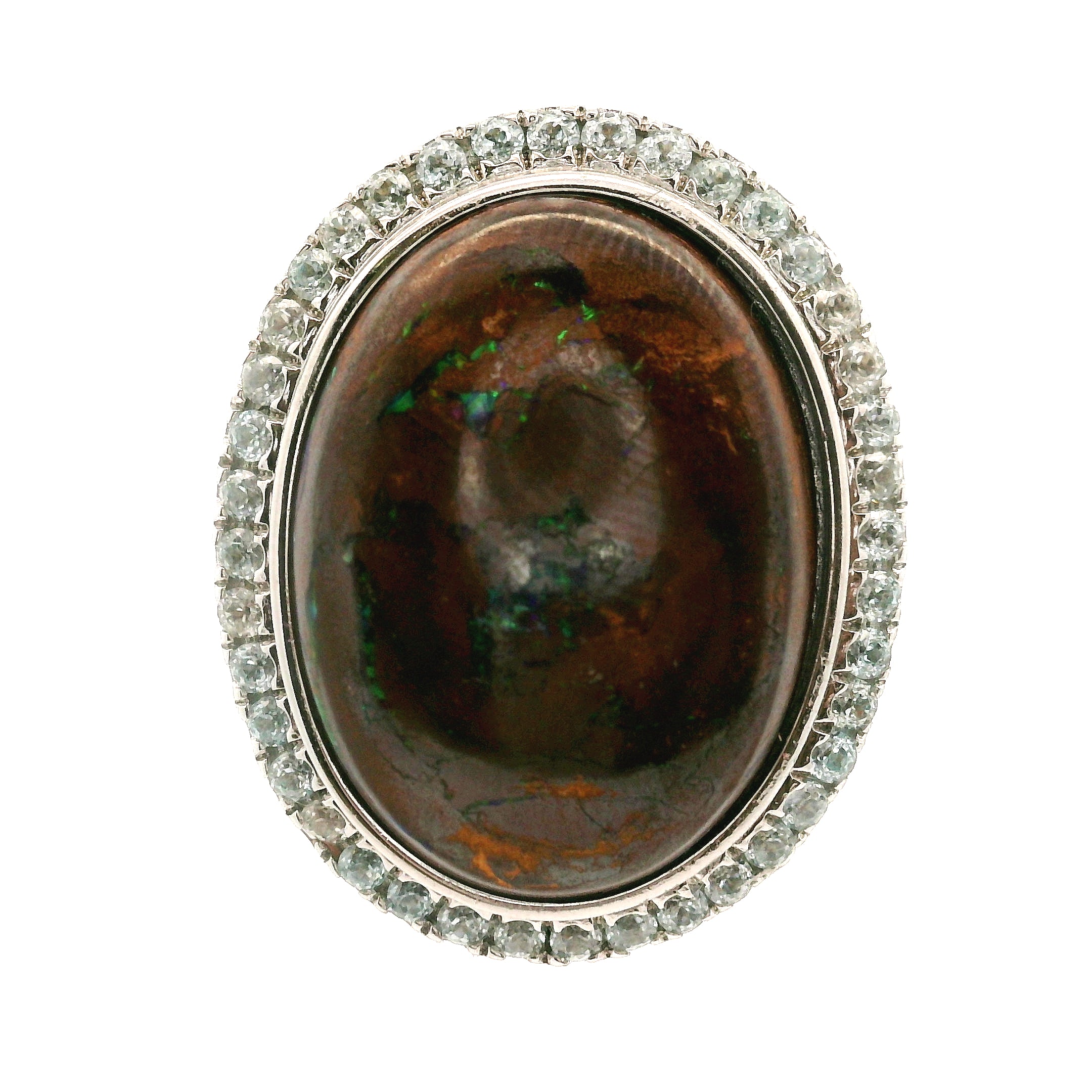 Boulder Opal with Blue Zircon Pavé Cuff Ring .925 Sterling Silver for Emotional Support, Joy and Self Worth