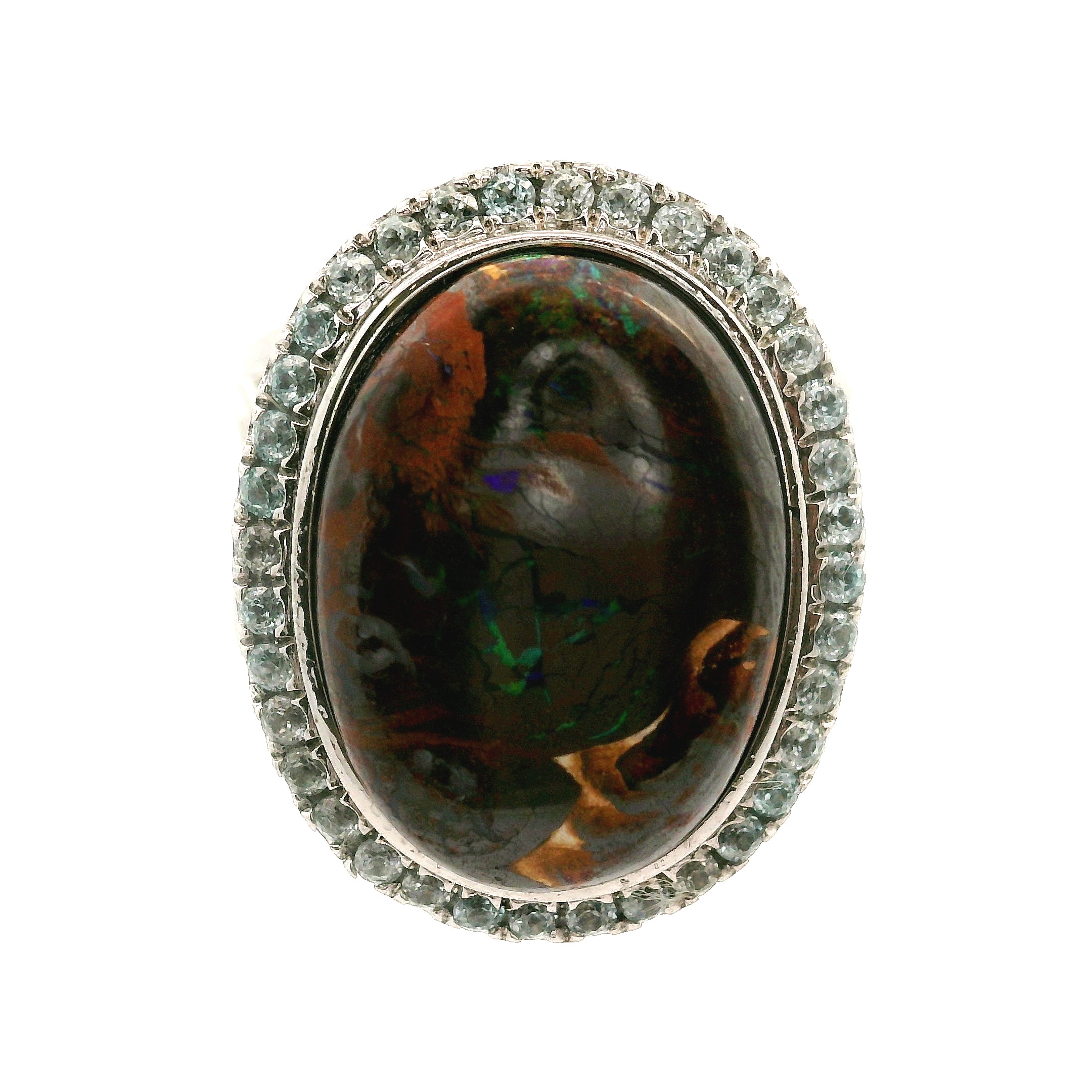 Boulder Opal with Blue Zircon Pavé Cuff Ring .925 Sterling Silver for Emotional Support, Joy and Self Worth
