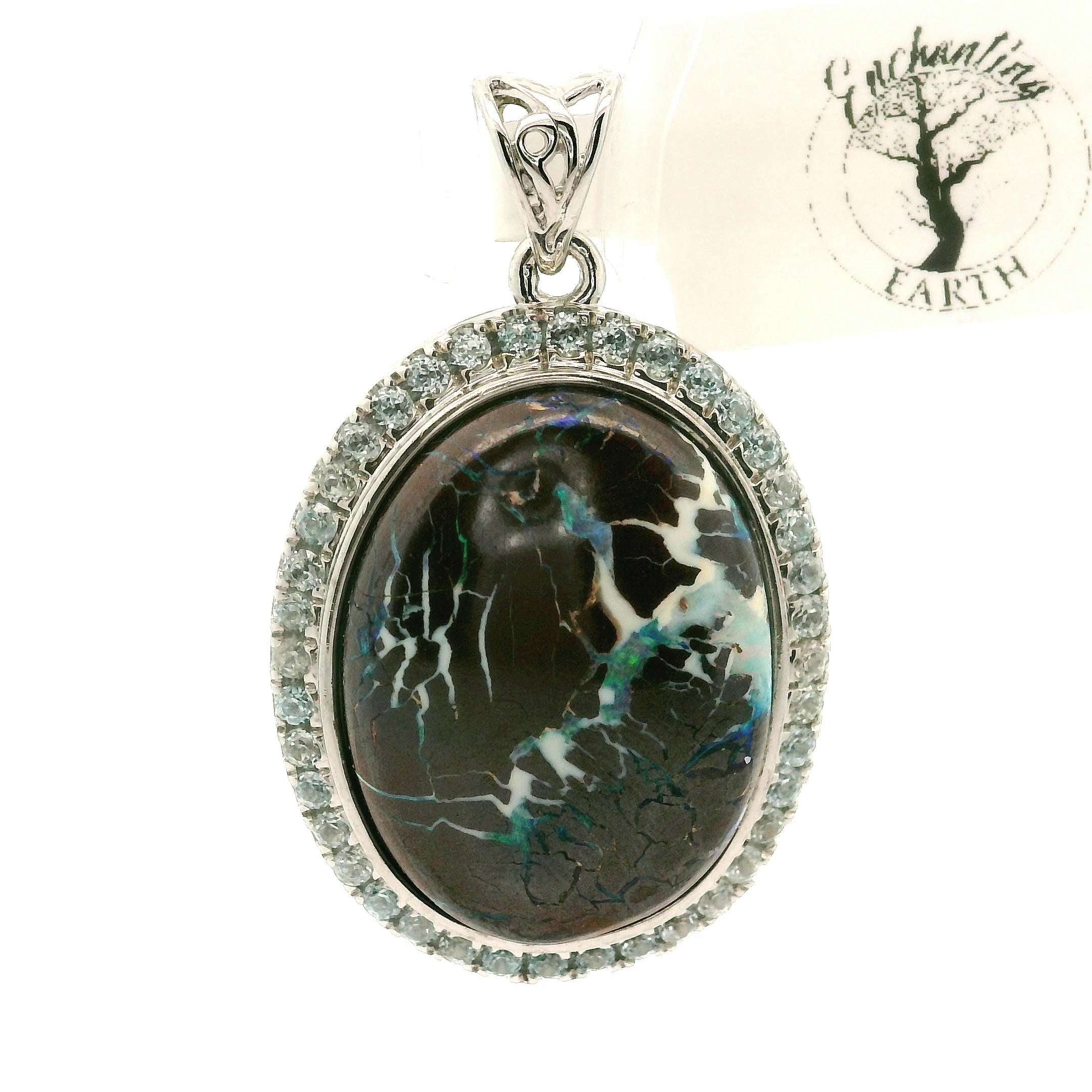 Boulder Opal with Blue Zircon Pavé Pendant .925 Sterling Silver for Emotional Support, Joy and Self Worth