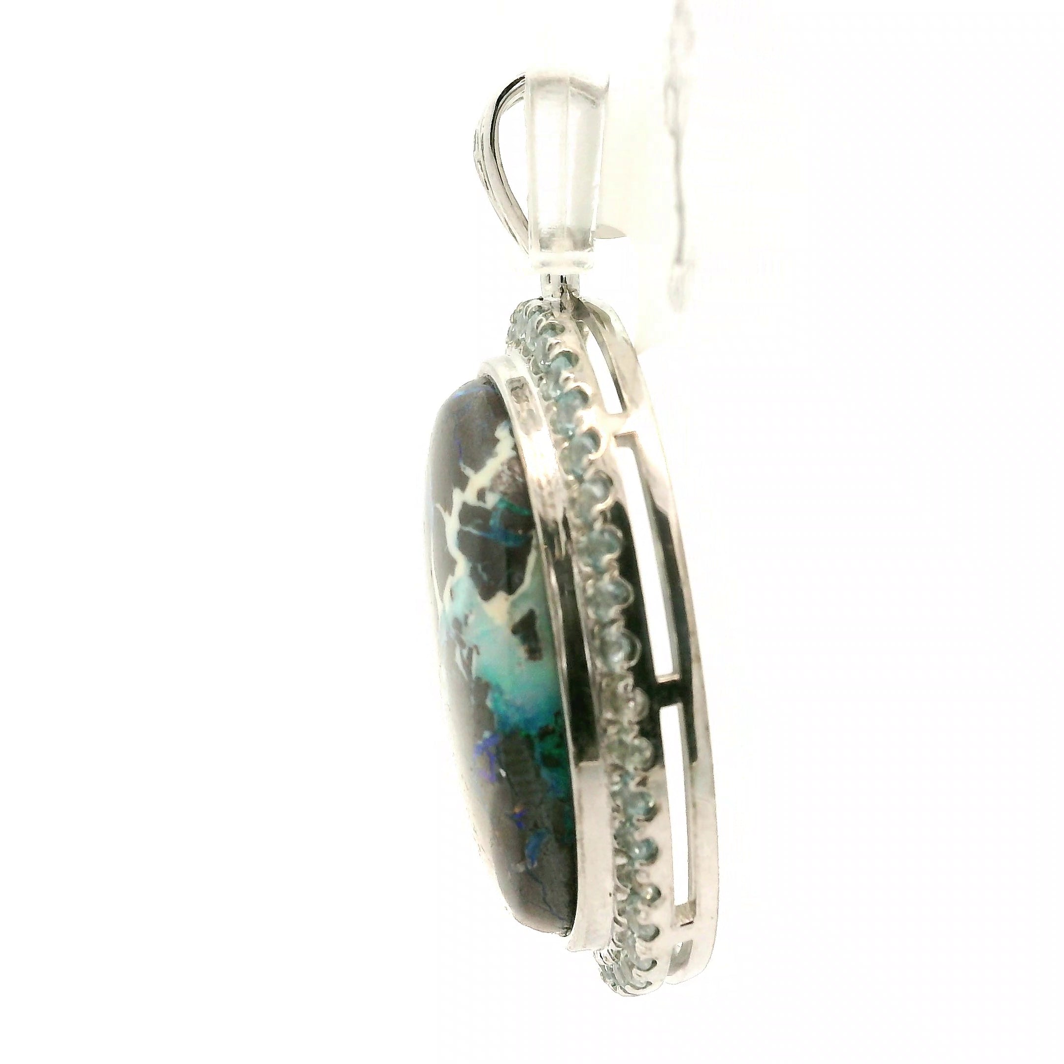 Boulder Opal with Blue Zircon Pavé Pendant .925 Sterling Silver for Emotional Support, Joy and Self Worth