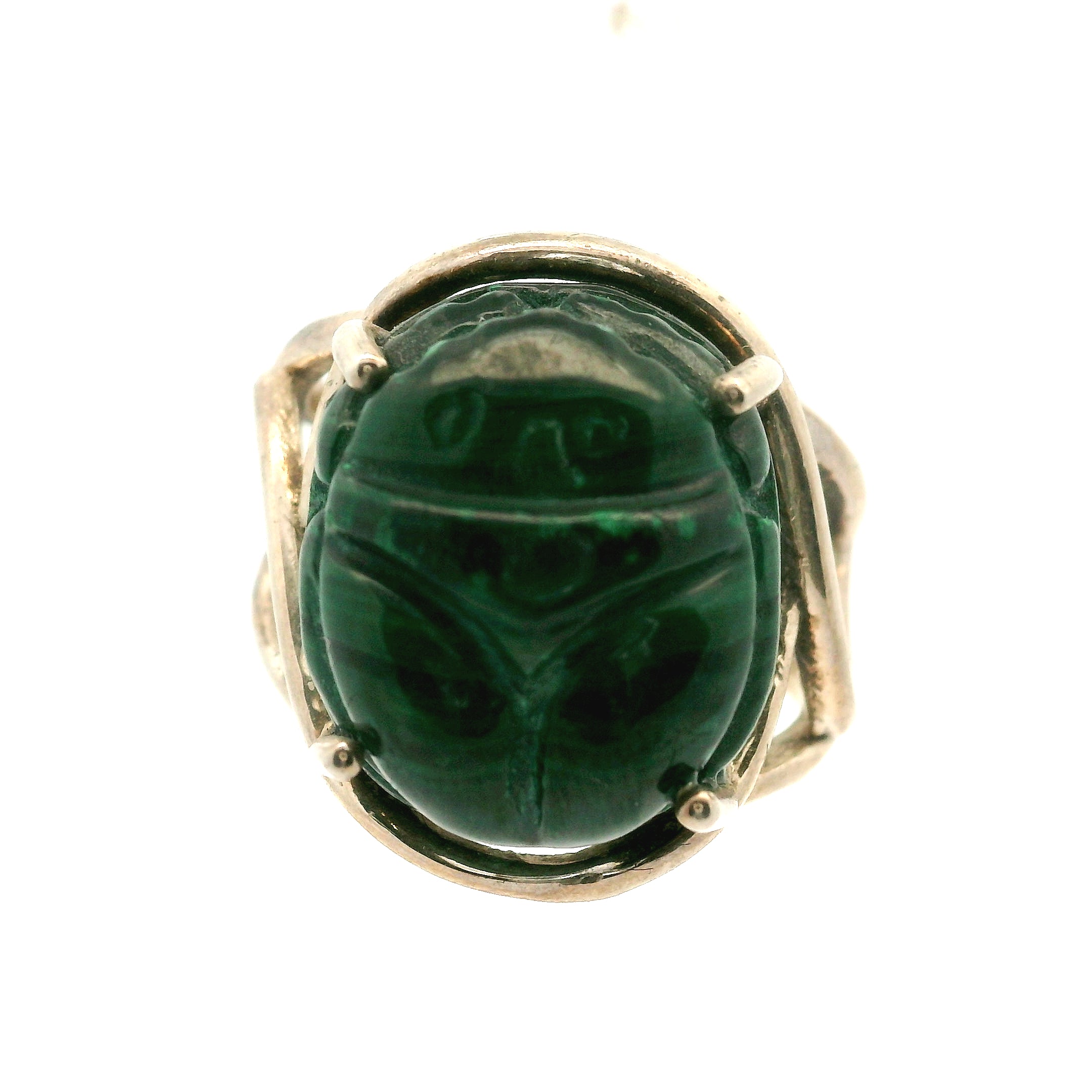 Malachite Scarab Finger Cuff Adjustable Ring .925 Sterling Silver for Transformation, Power and Wealth