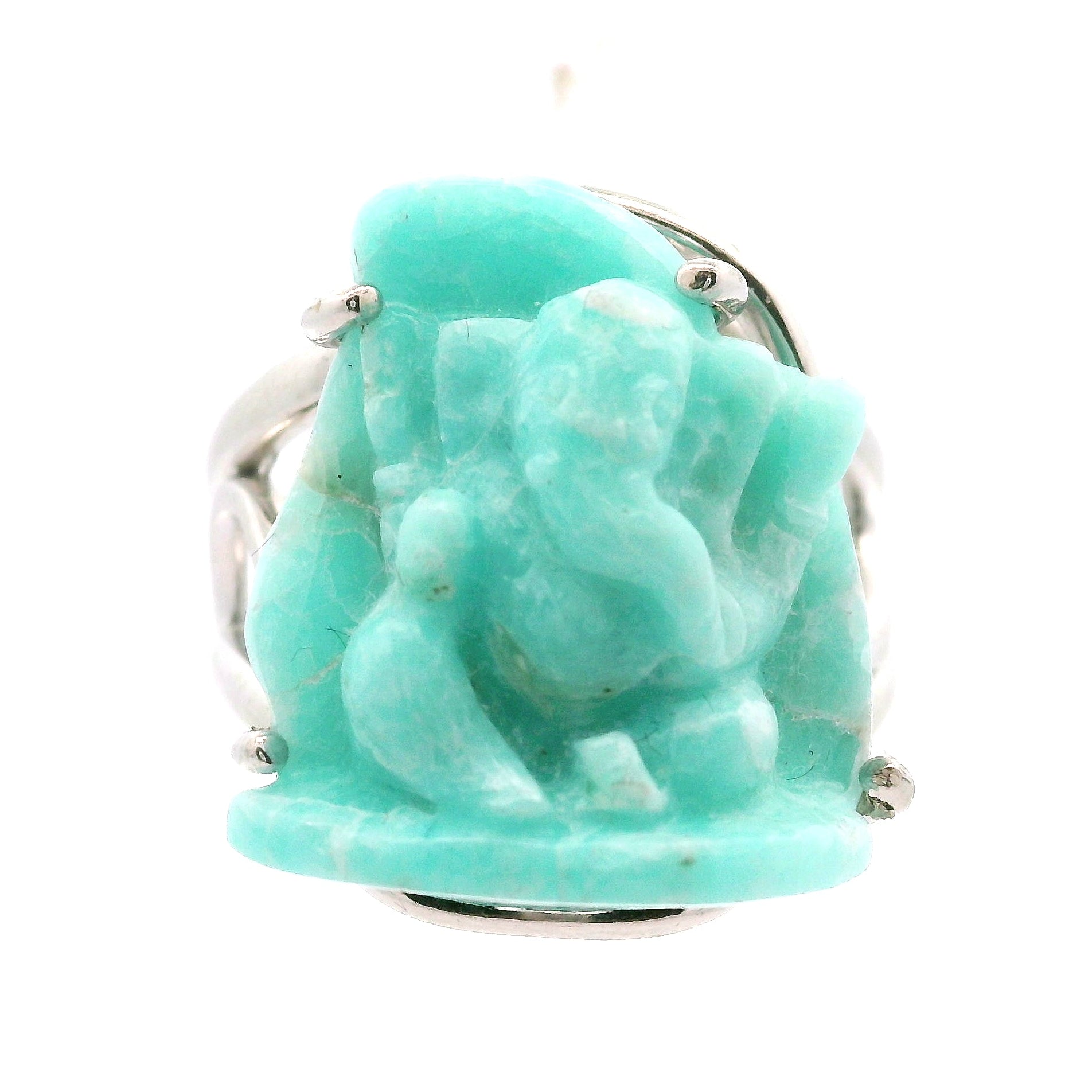 Amazonite Carved Ganesha Cuff Ring .925 Silver for Communication and Hope
