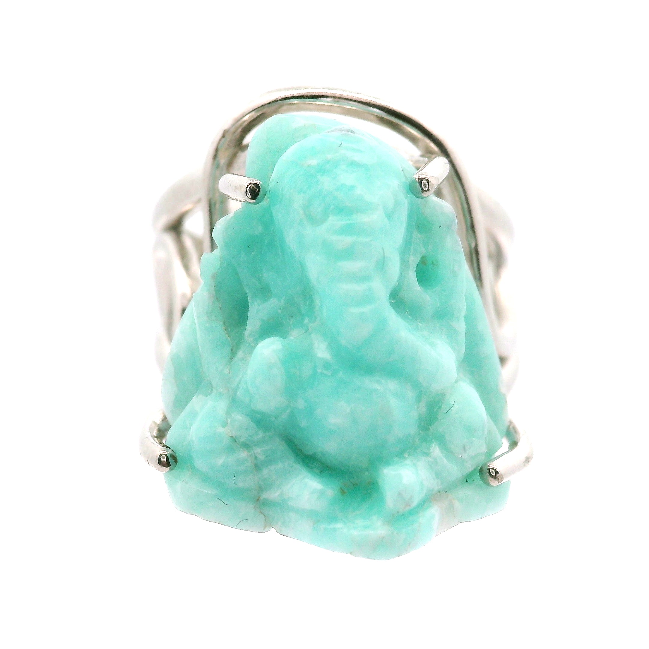 Amazonite Carved Ganesha Cuff Ring .925 Silver for Communication and Hope