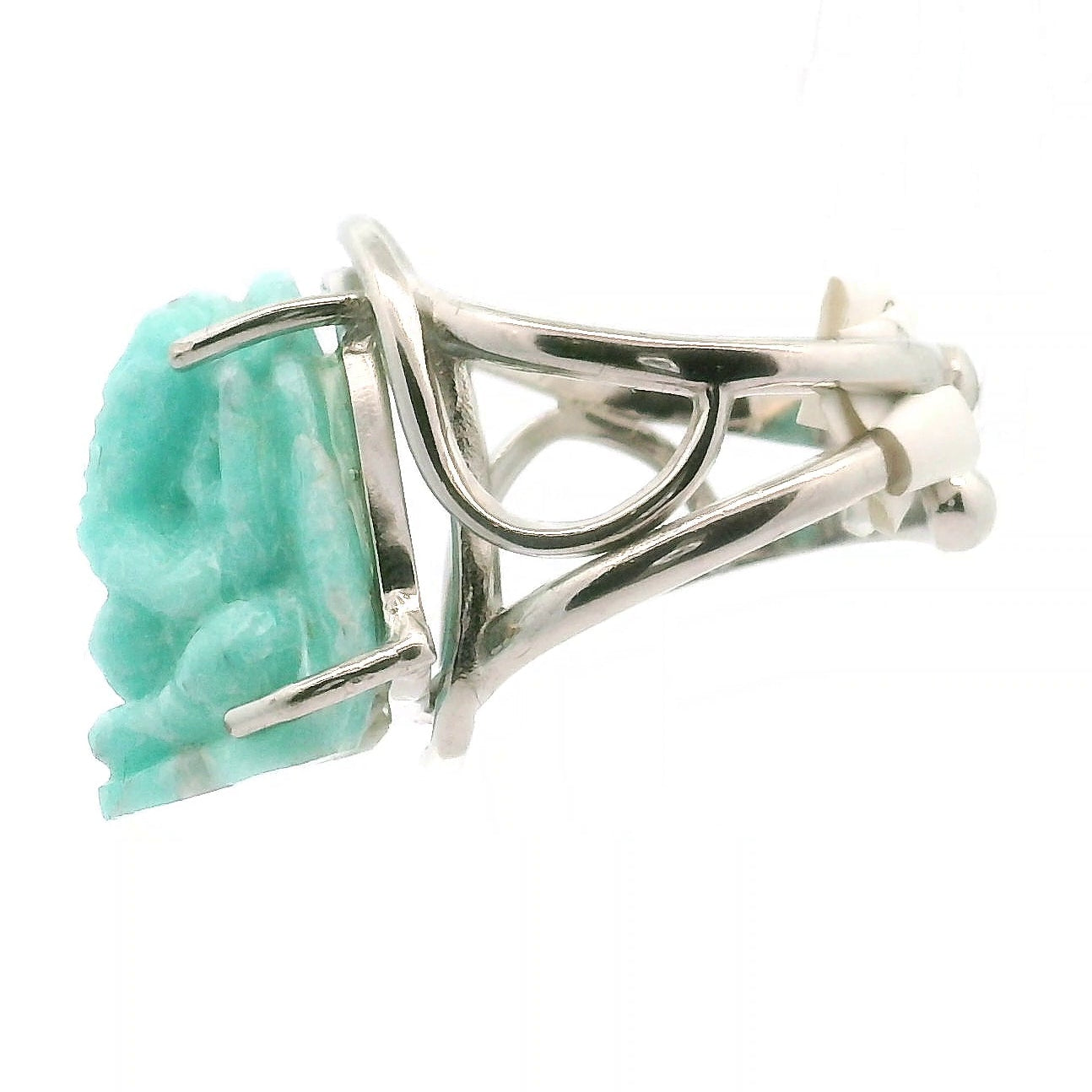Amazonite Carved Ganesha Cuff Ring .925 Silver for Communication and Hope
