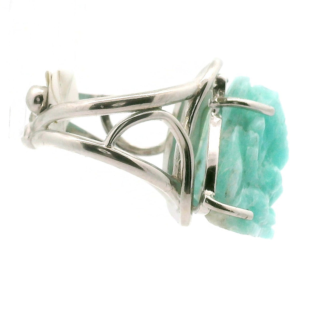Amazonite Carved Ganesha Cuff Ring .925 Silver for Communication and Hope