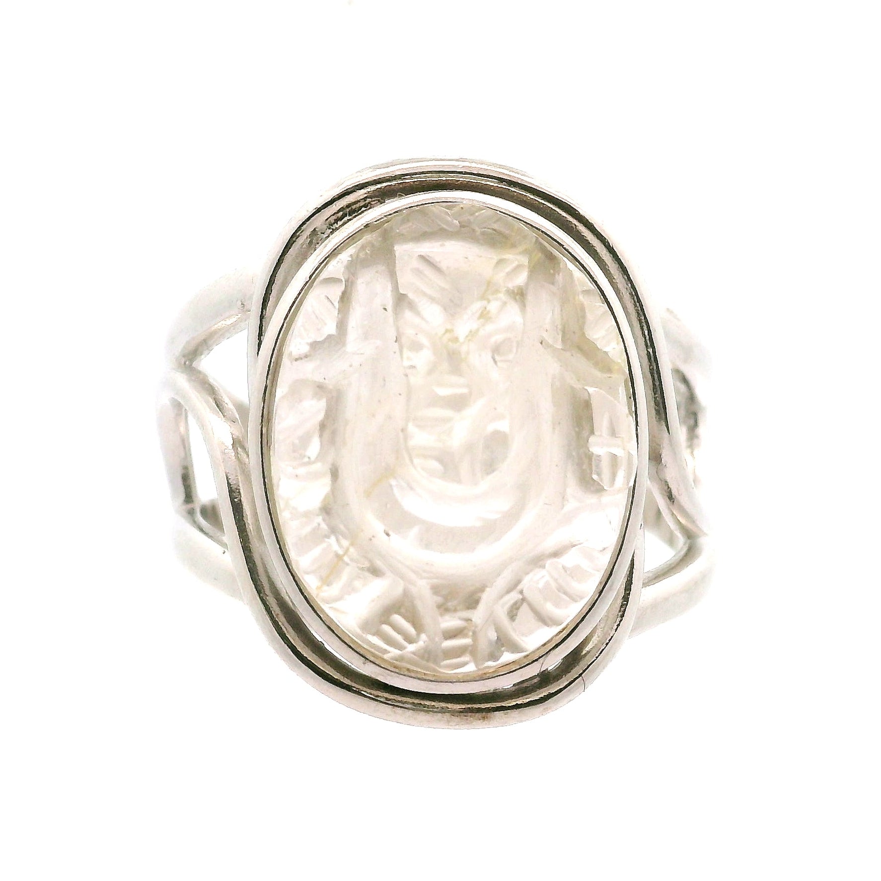 Clear Quartz Carved Ganesha Cuff Ring .925 Silver for Removing Obstacles
