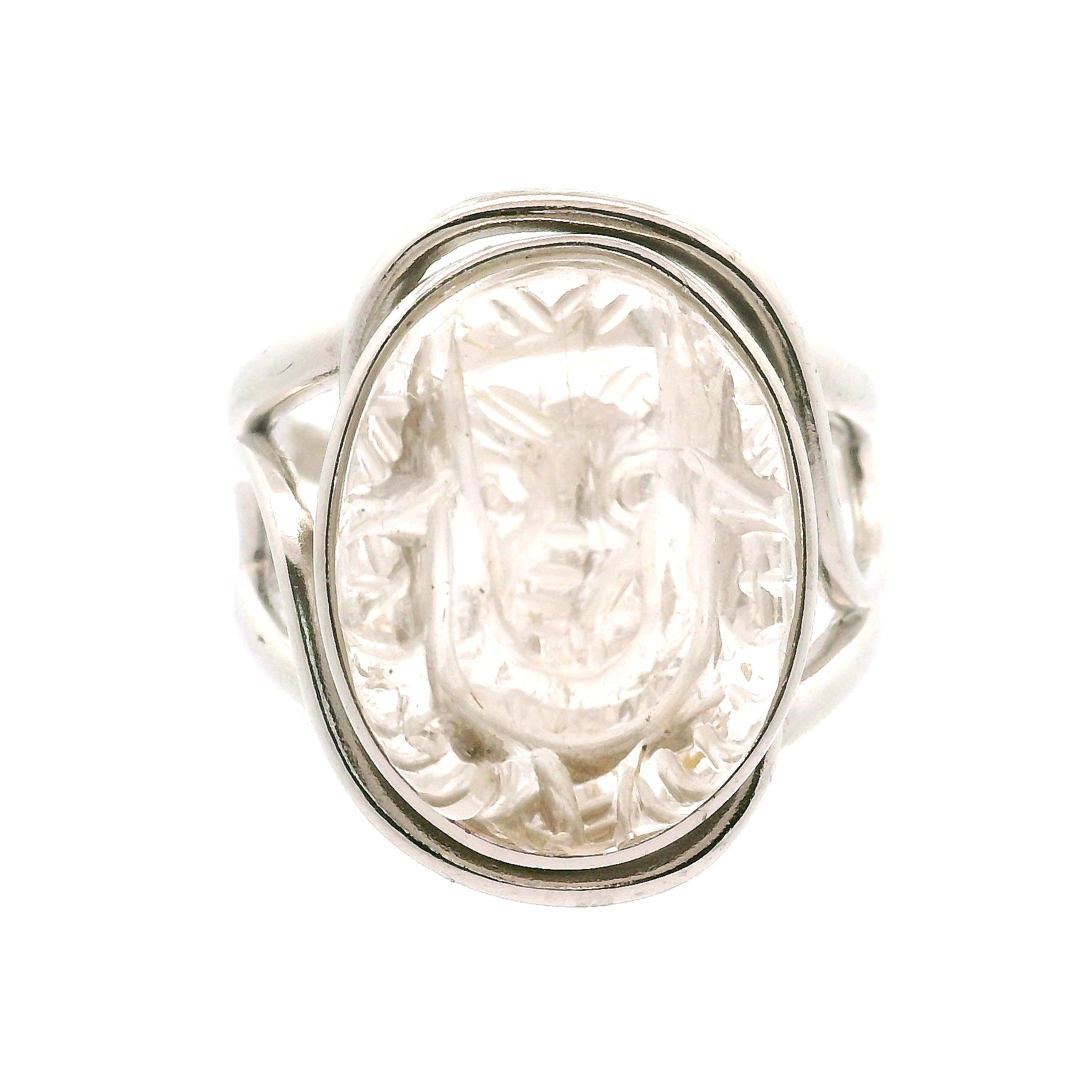 Clear Quartz Carved Ganesha Cuff Ring .925 Silver for Removing Obstacles
