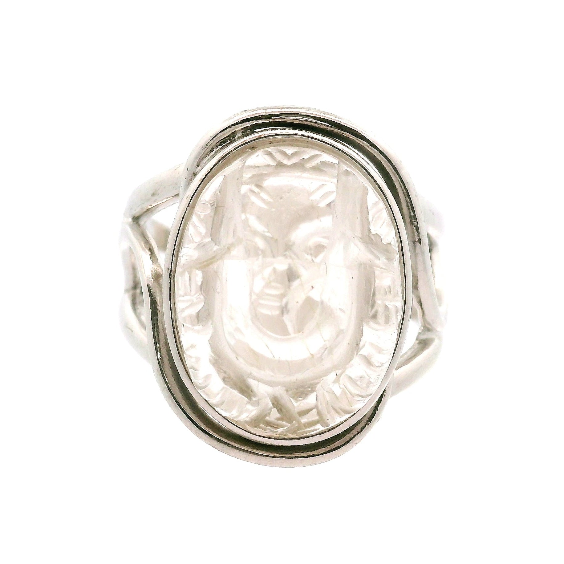 Clear Quartz Carved Ganesha Cuff Ring .925 Silver for Removing Obstacles