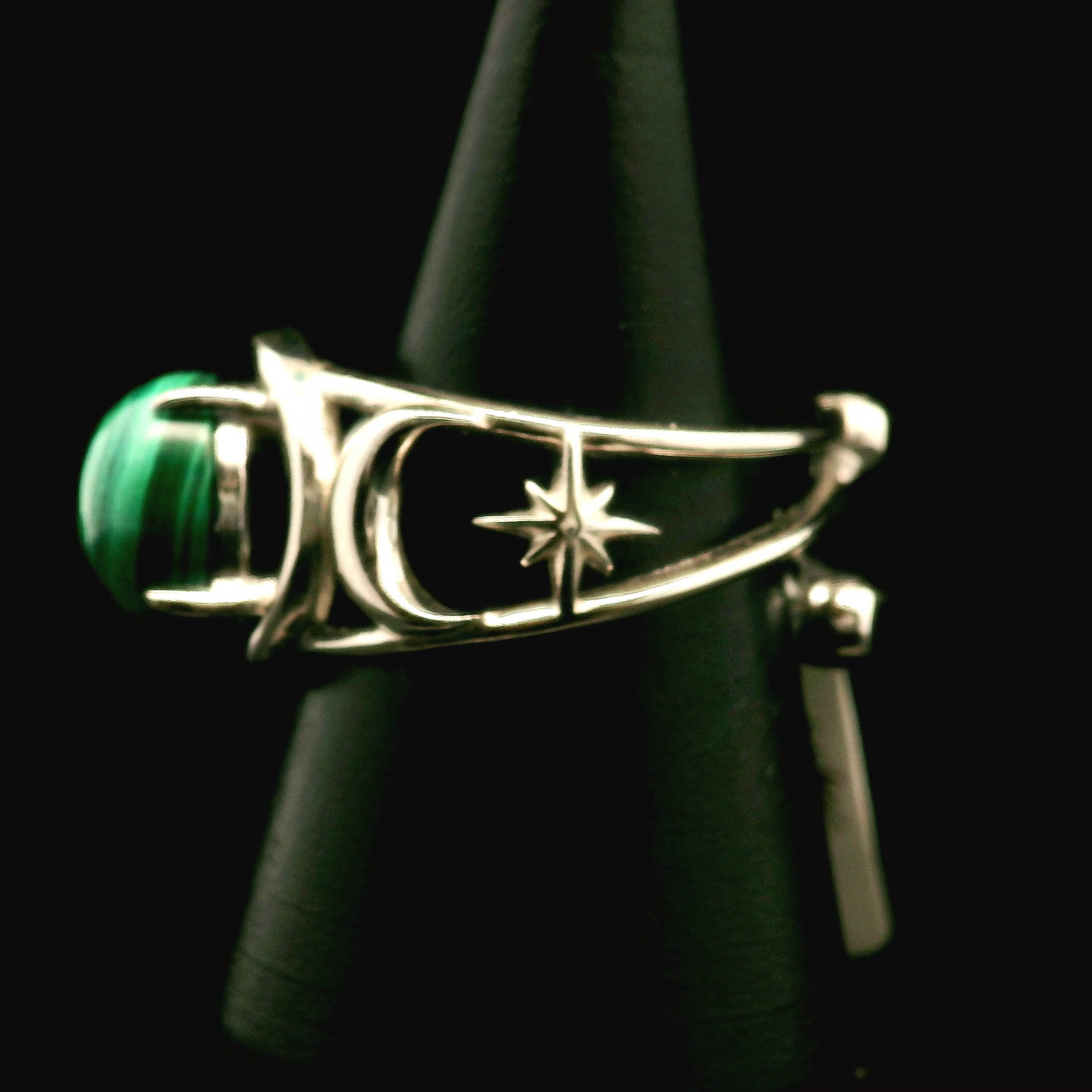 Malachite Triple Moon Cuff Ring .925 Silver for Abundance, Luck and Transformation
