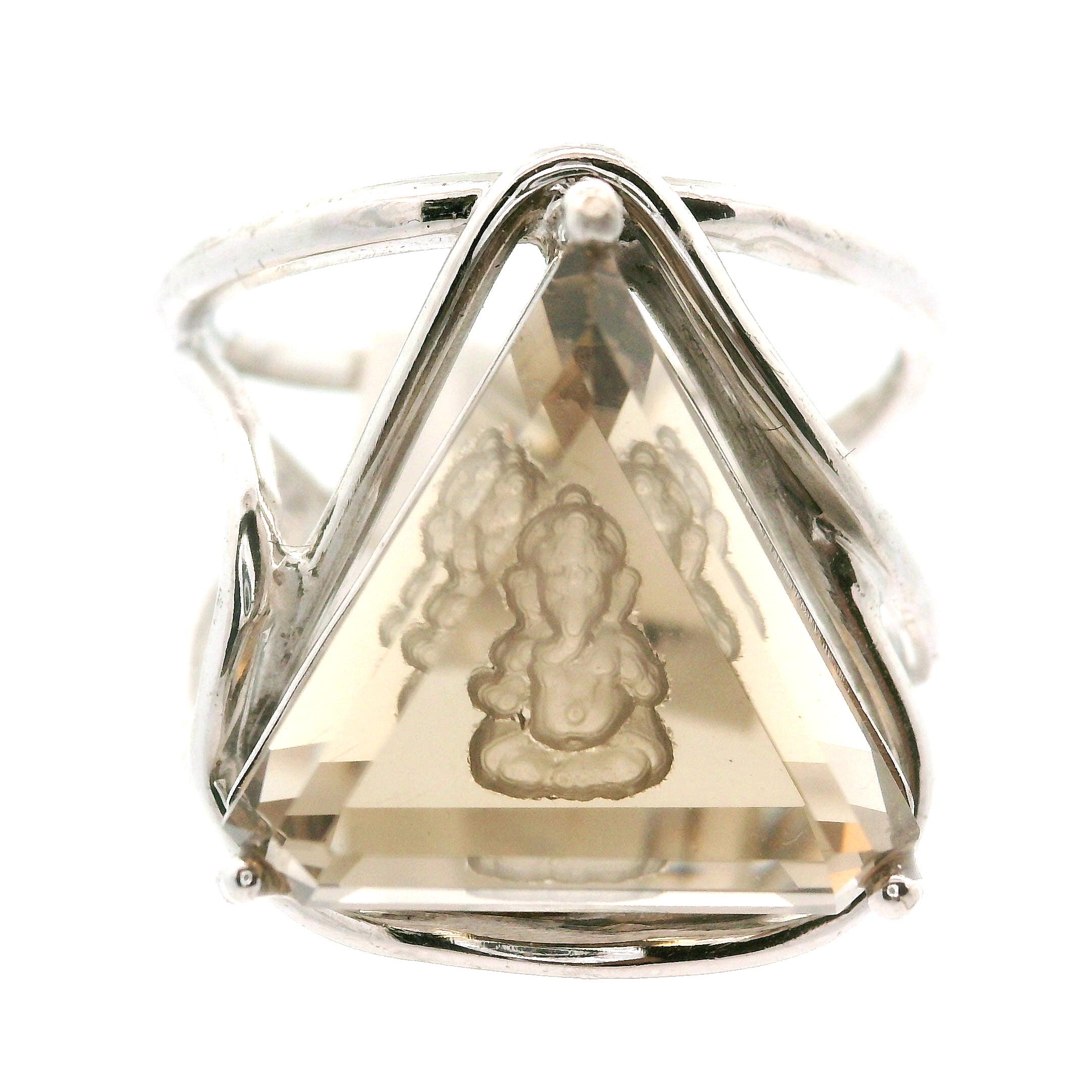 Smoky Quartz Ganesha Cuff Ring .925 Silver for Energetic Cleansing, Manifestation and Protection