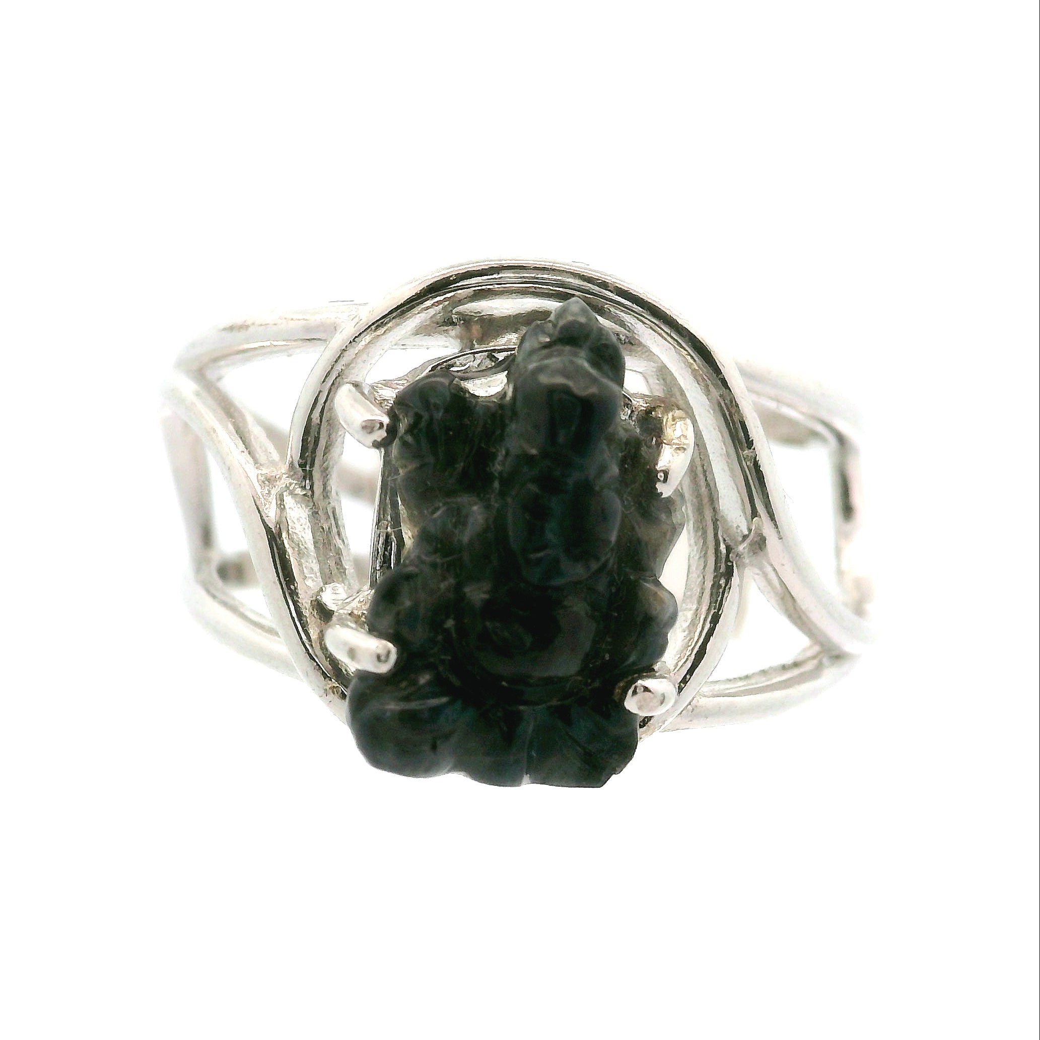 Spectrolite Carved Ganesha Cuff Ring .925 Silver for Magic and Removing Obstacles