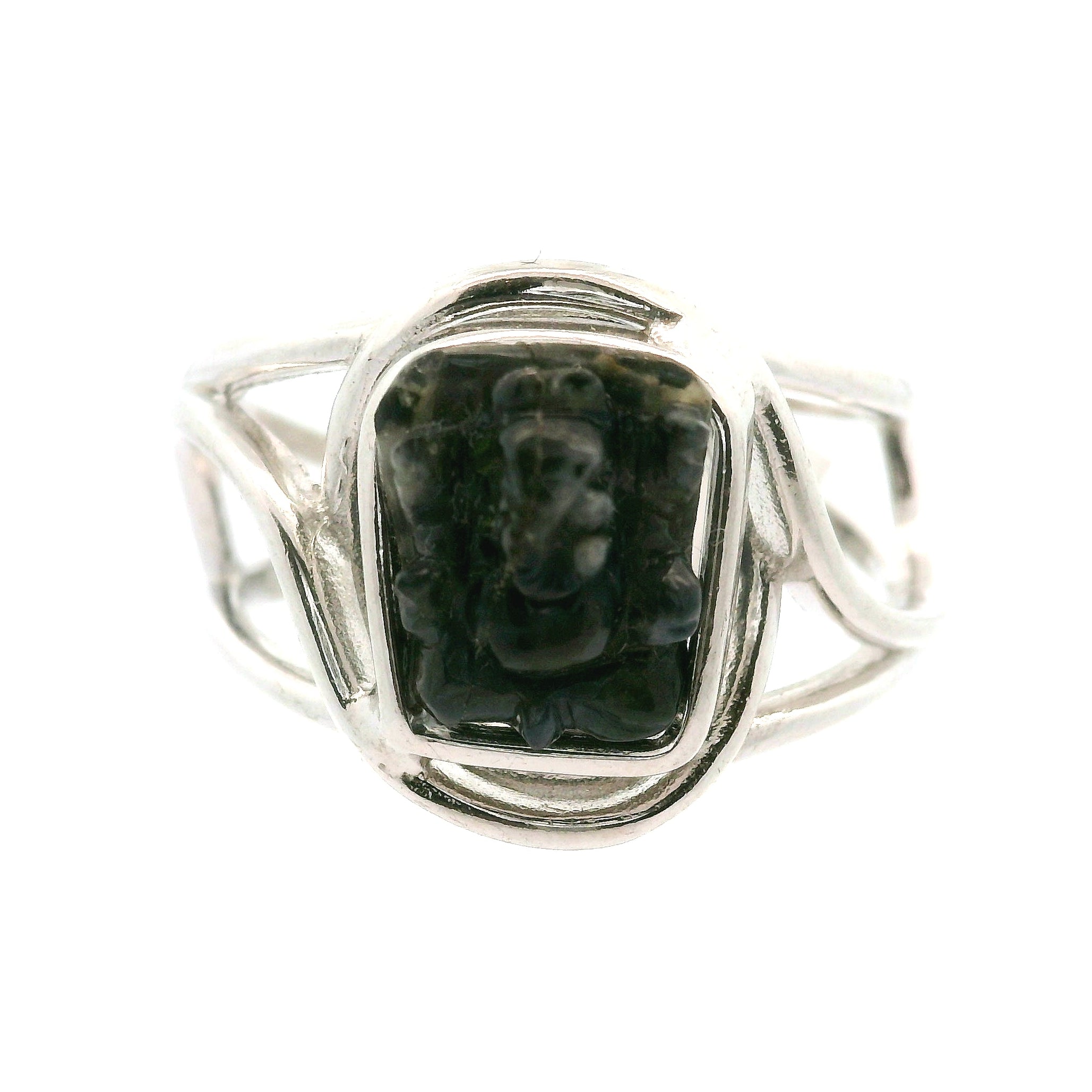 Spectrolite Carved Ganesha Cuff Ring .925 Silver for Magic and Removing Obstacles