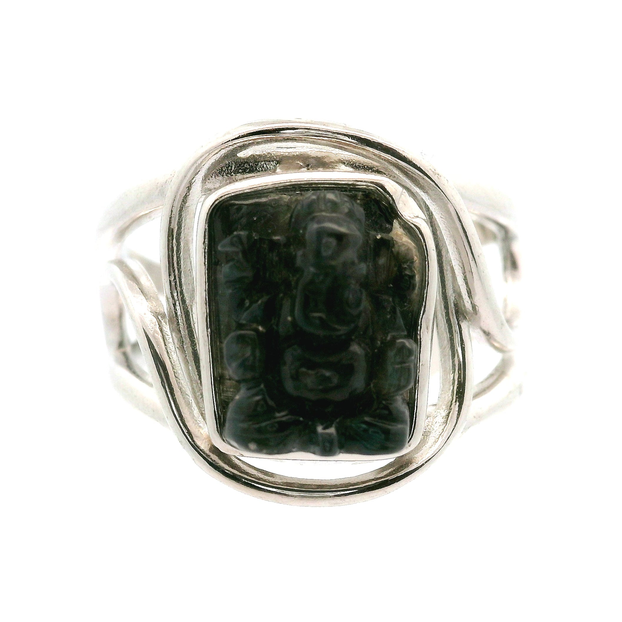 Spectrolite Carved Ganesha Cuff Ring .925 Silver for Magic and Removing Obstacles