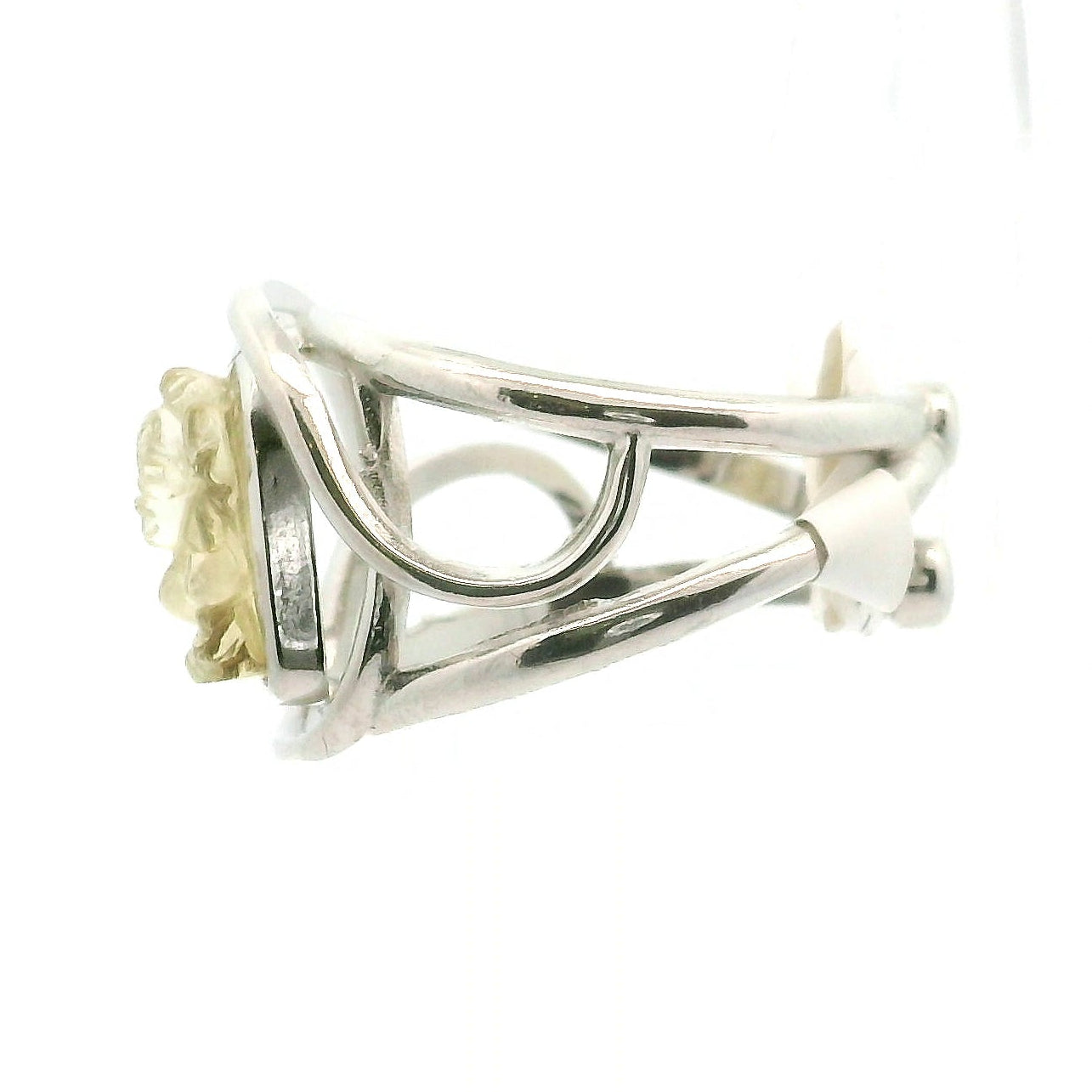 Yellow Scapolite Carved Ganesha Cuff Ring .925 Silver for Insight and Removing Obstacles