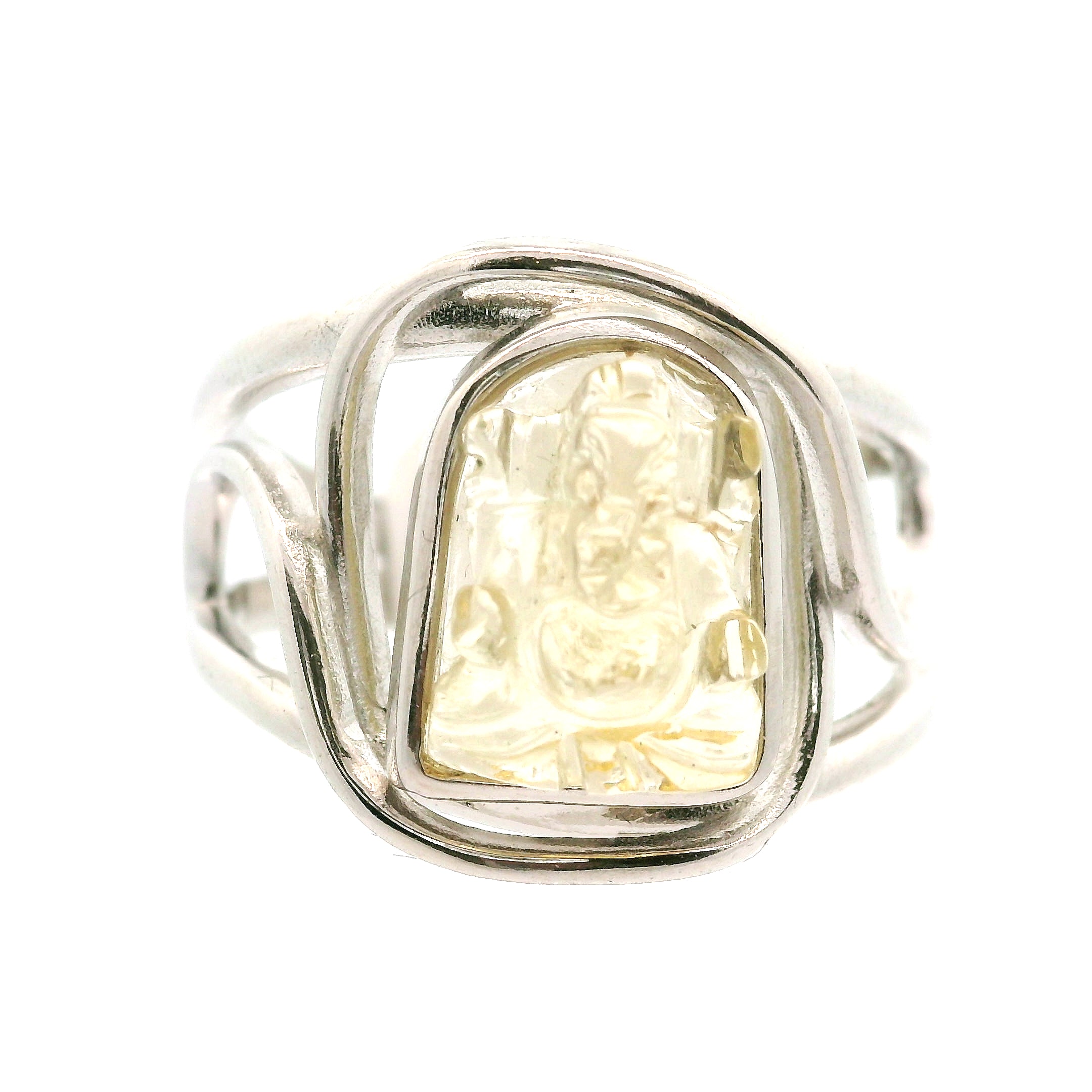 Yellow Scapolite Carved Ganesha Cuff Ring .925 Silver for Insight and Removing Obstacles